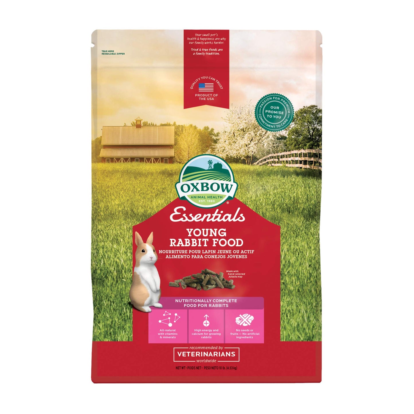 Oxbow Essentials Rabbit Food, Adult, Made with Oxbow Timothy Hay for Rabbit, Pet Pellets with Vitamins & Minerals, Small Animal Pet Products, Bunny Food, Made in USA, High Fiber, 10 lb. bag