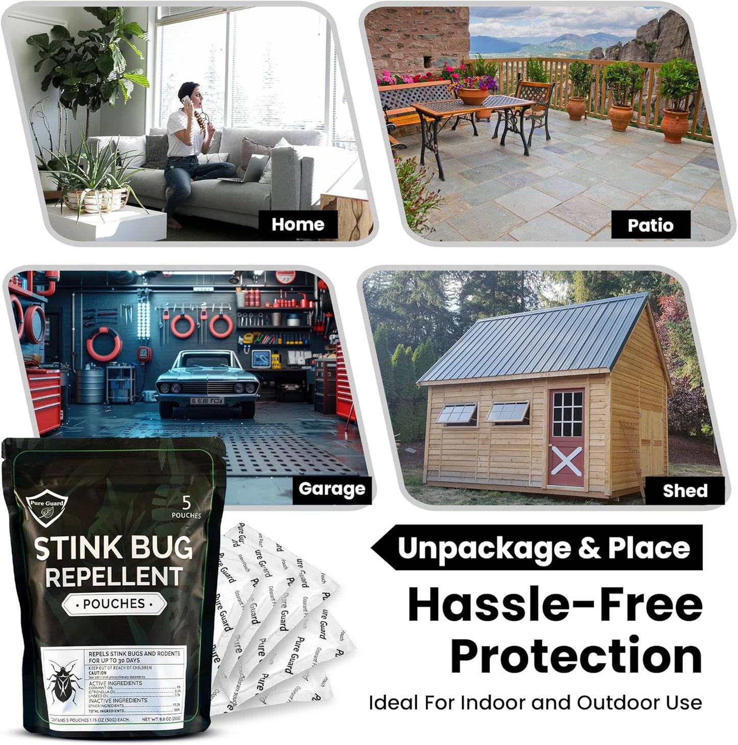 PureGuard Stink Bug Defense Pouches Extra Large – Family and Pet Safe, Fresh Scent, Indoor & Outdoor Use, 50g (5-Pack)
