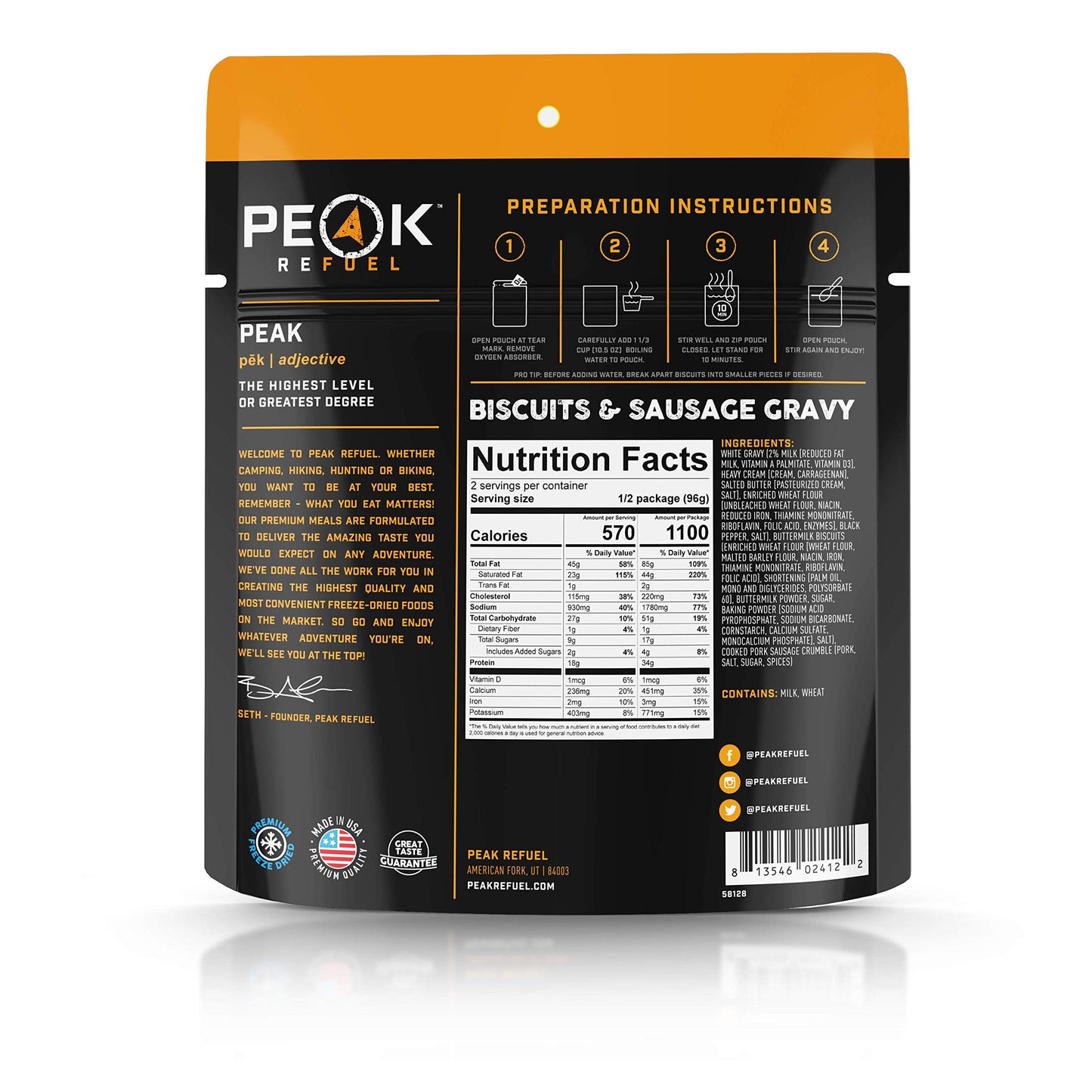 Peak Refuel Biscuits and Gravy | Premium Freeze Dried Camping Food | Backpacking & Hiking MRE Meals | Just Add Water | 100% Real Meat | 34g of Protein | 2 Serving Pouch (2 Serving Pouch)