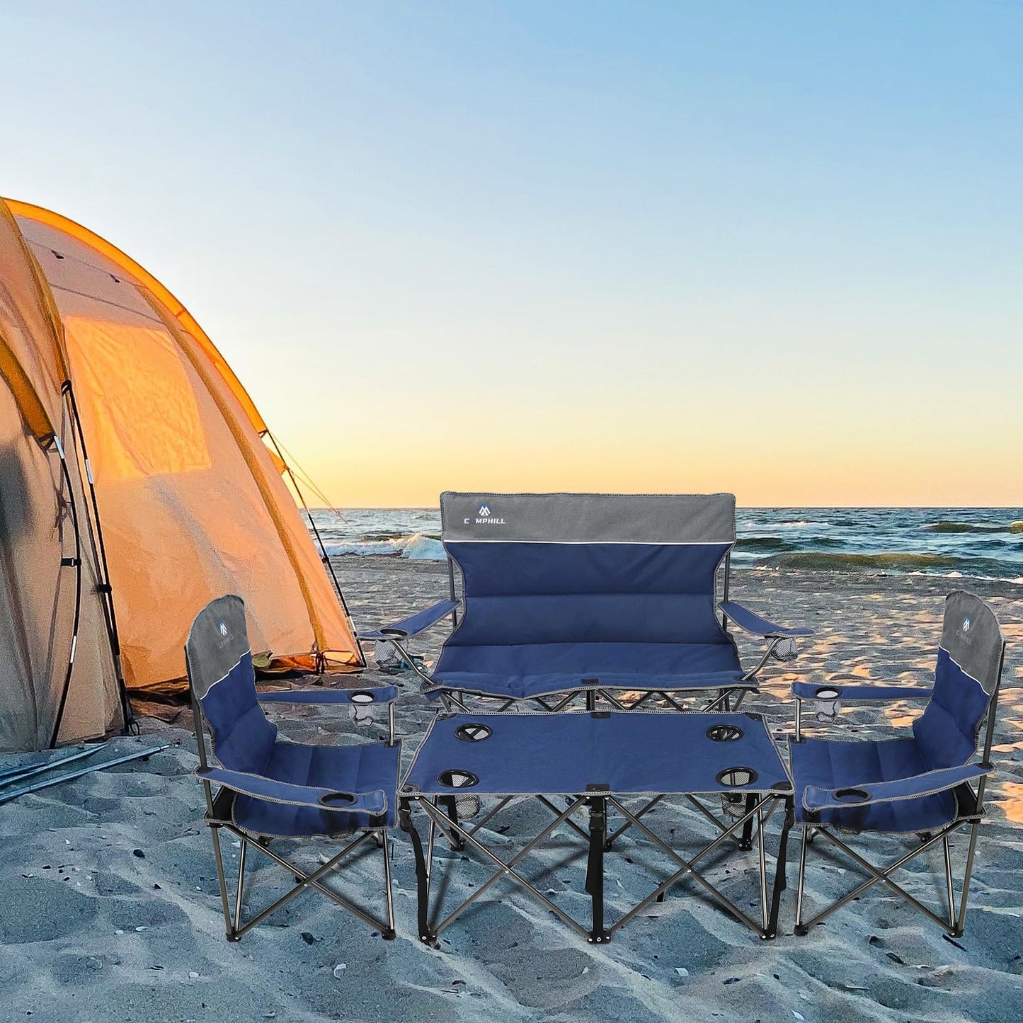 Camping Chair Set of 3, Outdoor Folding Camping Chairs for Heavy People with Cup Holder & Carry Bag,Collapsible Chair Include One Sofa Chair and Two Single Chair,Support up to 500lbs