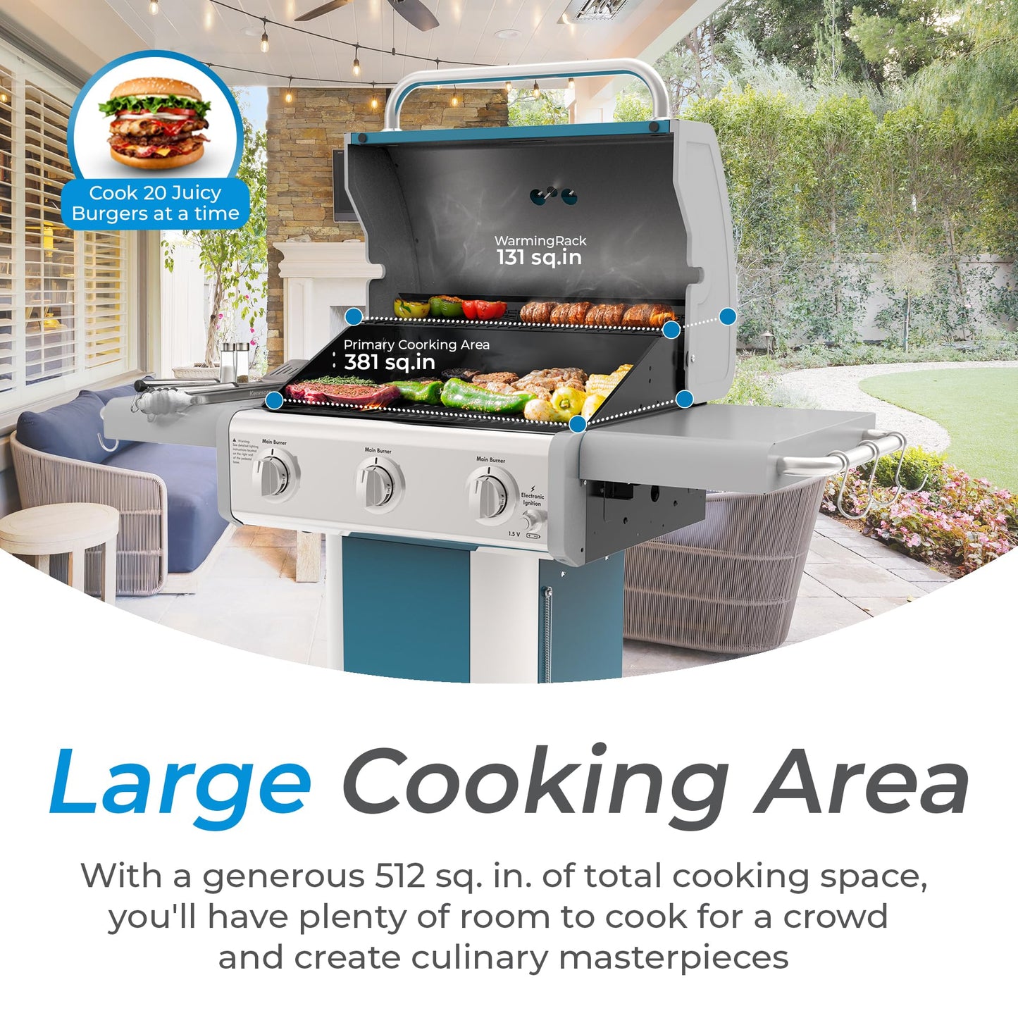 Kenmore 3-Burner Propane BBQ Grill, 30,000 BTUs Gas Grill with Cast Iron Cooking Grates, Folding Side Tables & Wheels, Outdoor Grill with Tool Hooks, Azure Blue