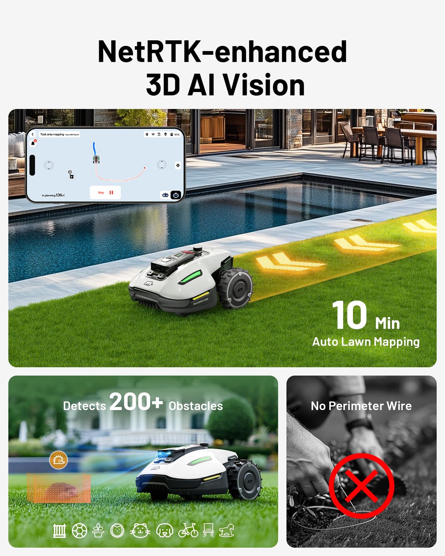 YUKA Mini 500H Robotic Lawn Mower Reception 0.12 Acre, Ultrasense AI Vision+ RTK Positioning, Auto Mapping, App Control, 50% Slope, Cutting Height 2''~3.5'', 15 Mowing Zones