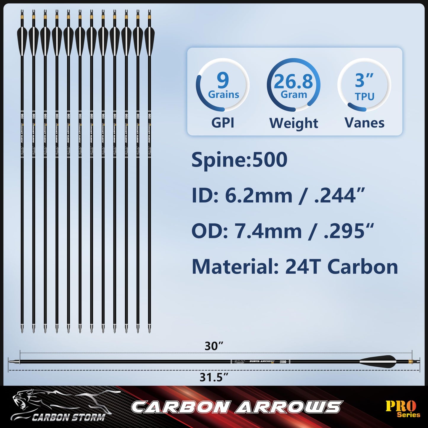 SUNYA Archery Compound Bow Arrows 12pcs Set. 30" Carbon Shaft, Spine 400 or 500 with Removable Tips