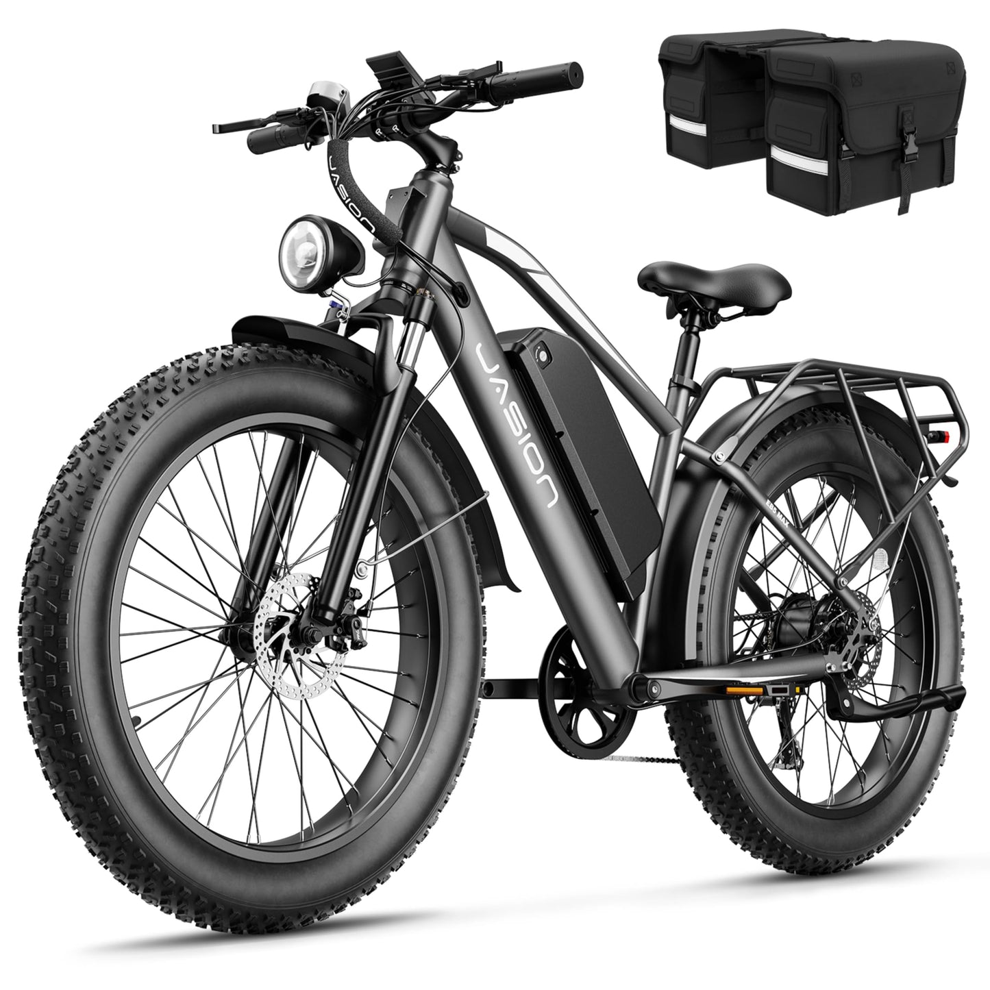 Jasion EB5 MAX Electric Bike for Adults with 1500W Peak Motor, 48V 15Ah (720Wh) Battery Electric Mountain Bike, 26'' x 4'' Fat Tire Ebike, 28+MPH Speed, Cruise Control, with Fenders, Rear Rack