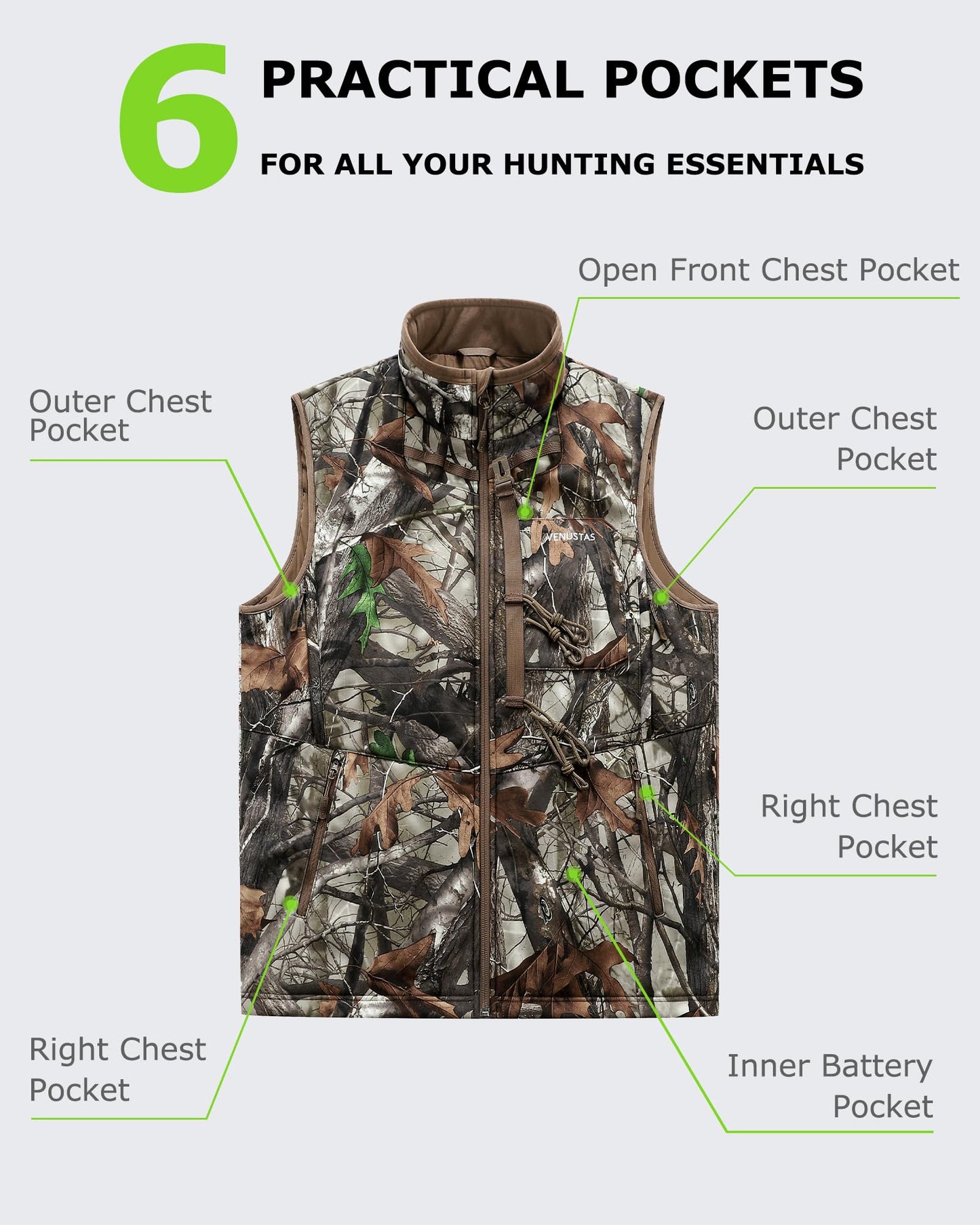 Venustas Heated Hunting Vest For Men, 20-Hour Runtime, Rechargeable Heated Camo Vest with Battery Included