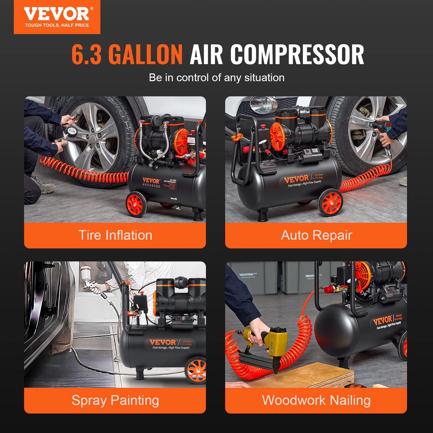 VEVOR 6.3 Gallon Air Compressor, 2 HP 3.35 CFM@90PSI Air Compressors with Max. 116PSI Pressure, Oil Free Compressor Tank for Auto Repair, Tire Inflation, Spray Painting, Woodwork Nailing