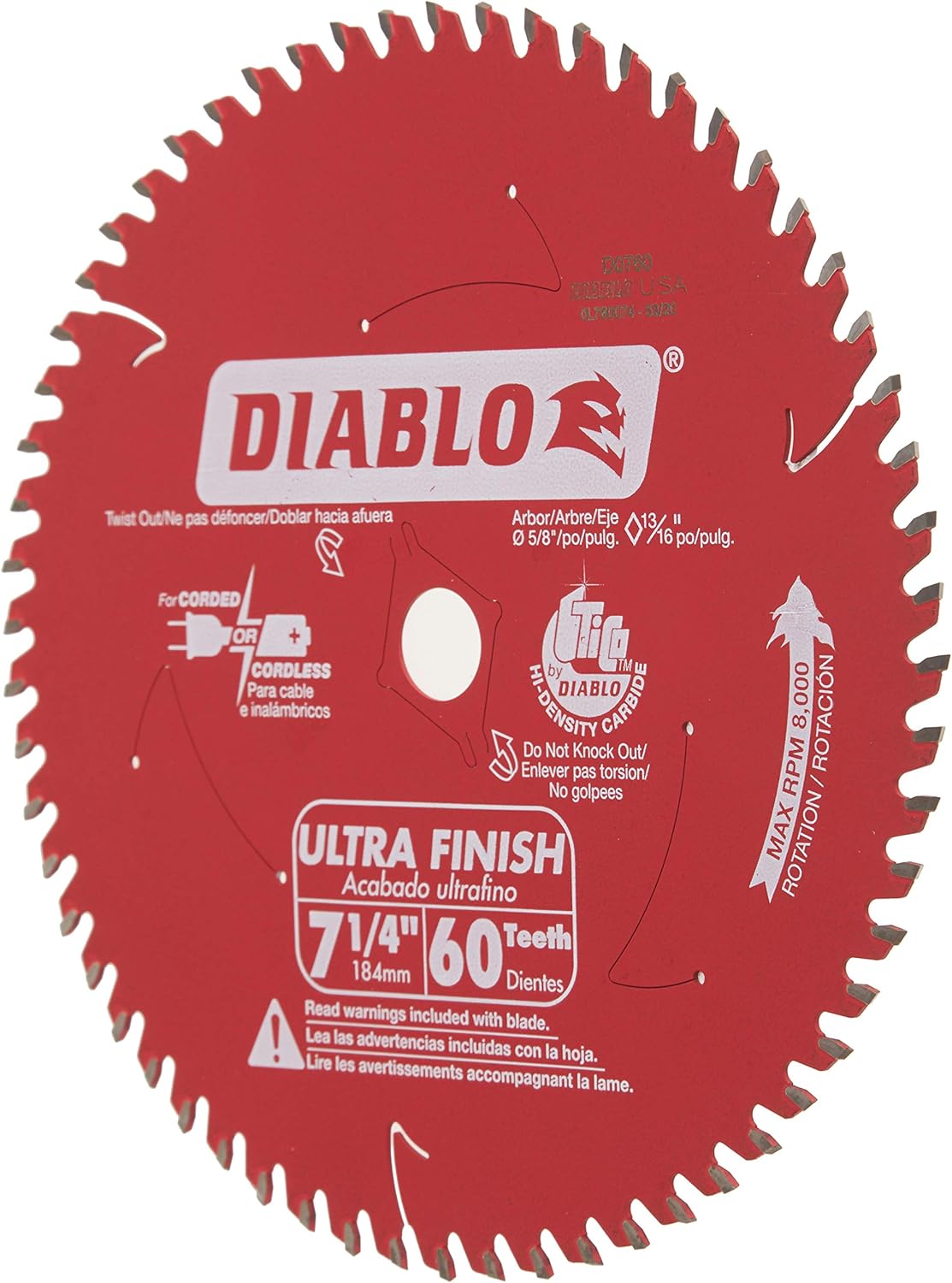 Diablo Ultra Finish Carbide Saw Blade for Wood - 7-1/4" Diameter, 60 ATB Teeth, 5/8" Arbor, .059" Kerf, 10