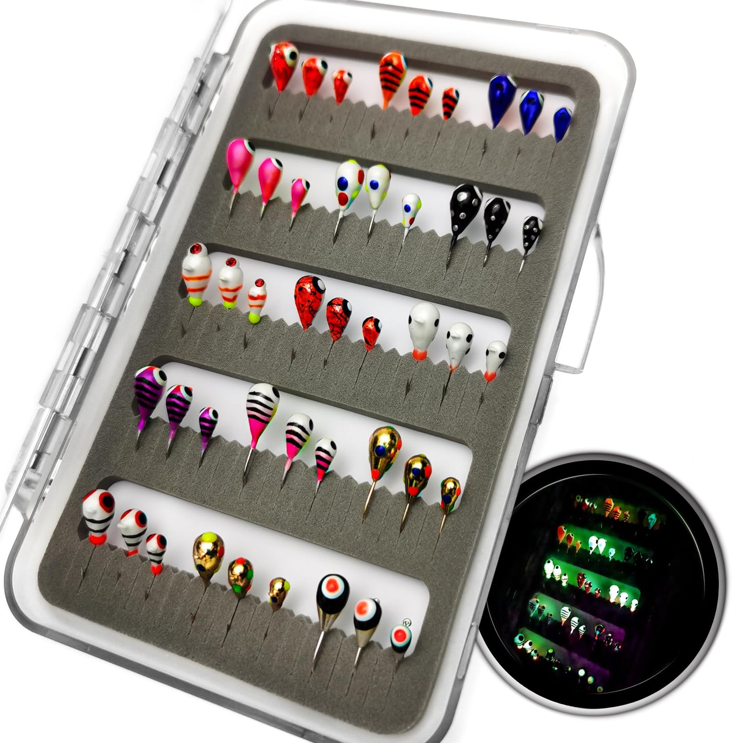 45Pcs Tungsten Ice Fishing Jigs Lures Kit, Micro Glow Tungsten Winter Jig Heads Hooks for Walleye Crappie Panfish Trout, Ice Fishing Gear Equipment Tackle Accessories