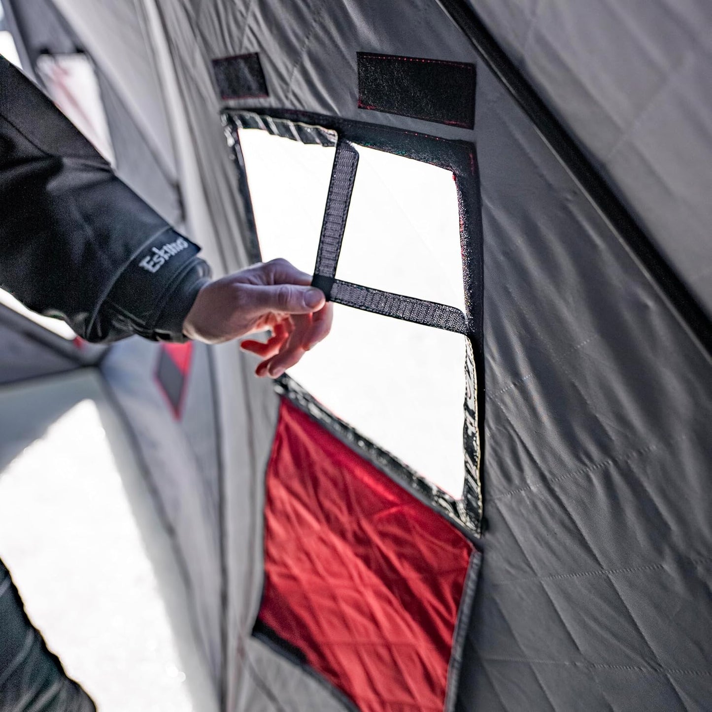 Eskimo QuickFish™ 6HD, Pop-Up Portable Shelter, No-Trip Door, Red/Black, Fully Insulated, Deluxe Ice Anchors, Six Person, Ice Fishing Shelter, 46076