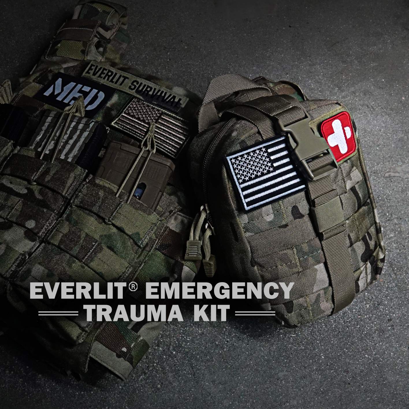 EVERLIT Emergency Trauma Kit, CAT GEN-7 Tourniquet 36" Splint, Military Combat Tactical IFAK for First Aid Response, Critical Wounds, Severe Bleeding Control (Black)