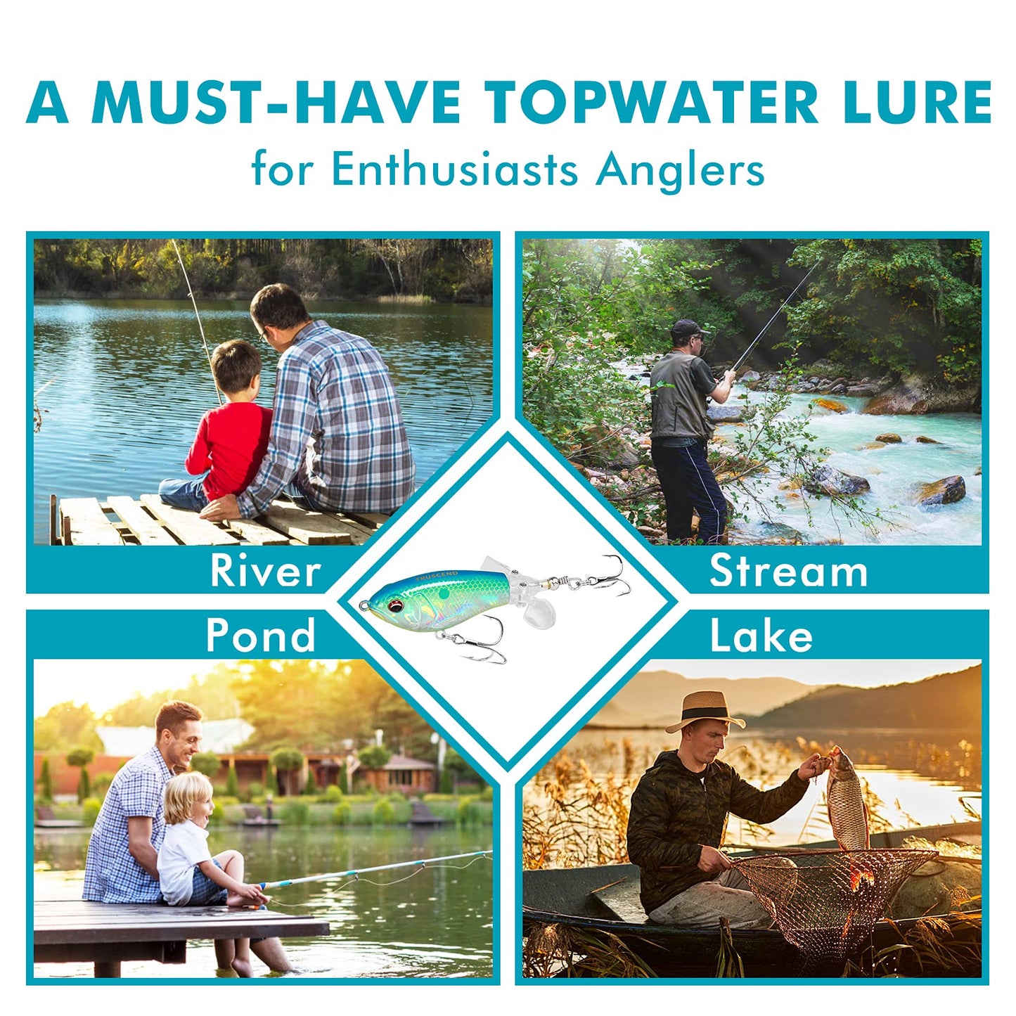 TRUSCEND PoPobait Plopper with BKK Hooks, Top Water Fishing Lures for Bass Walleye Pike Catfish Musky Perch, Floating Lure for Freshwater or Saltwater, Amazing Teasers Fishing Gifts for Family Fishing