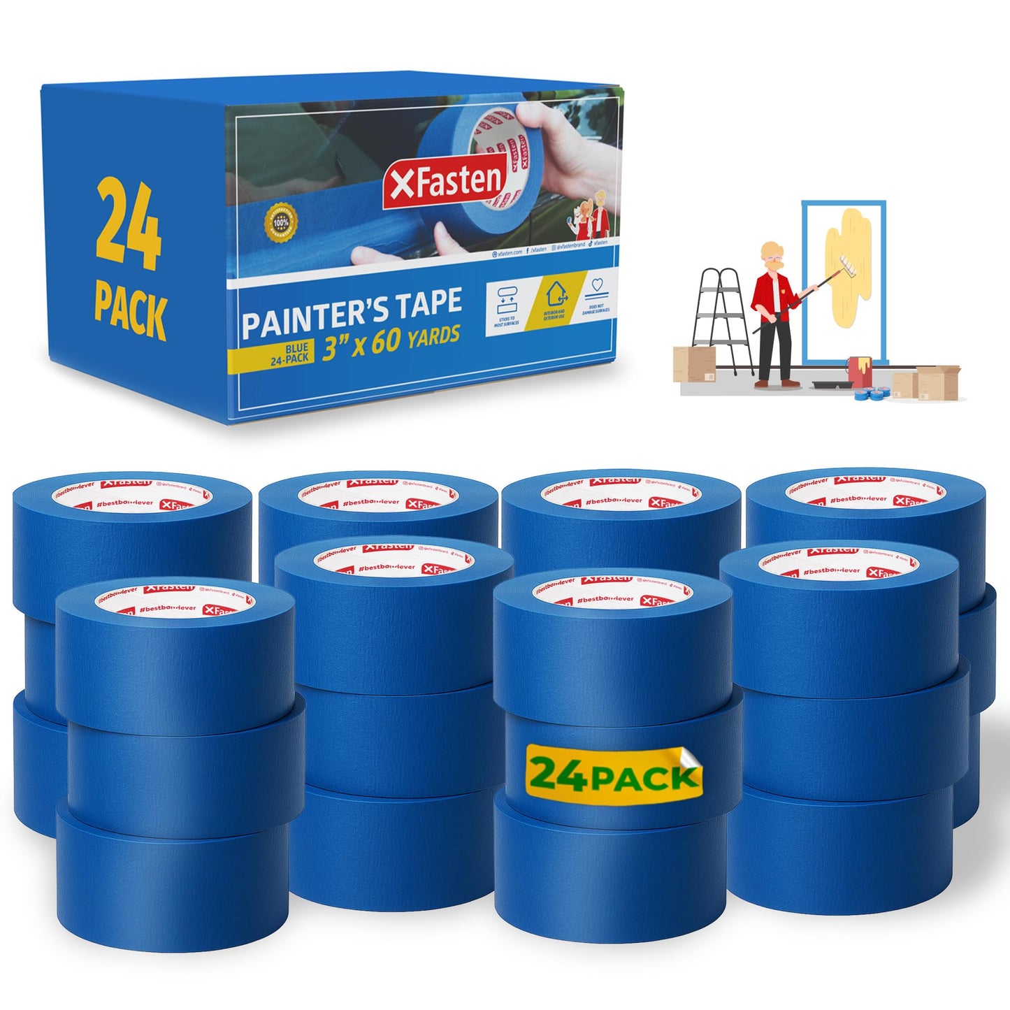 XFasten Blue Painters Tape Bulk 3-Inch x 60-Yards (12-Pack, 2160ft Total) Wall Safe Painters Tape 3 Inch Wide, Blue Masking Tape Bulk, Paint Tape for Walls, Painting, Automotive