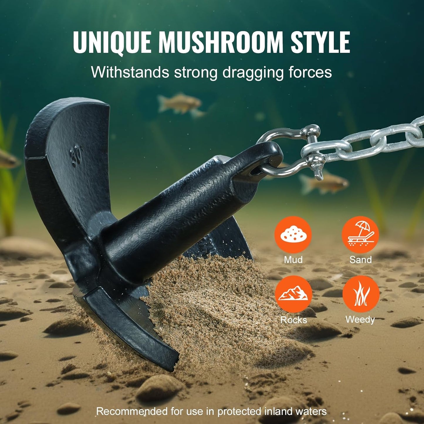 VEVOR River Anchor, 30 LBS Boat Anchor Cast Iron Black Vinyl Coated, Marine Grade Mushroom Anchor for Boats Up to 30 ft, Impressive Holding Power in River and Mud Bottom Lakes (30 lb)