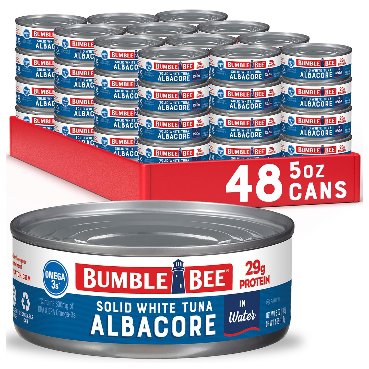 Bumble Bee Solid White Albacore Tuna in Water, 5 oz Can (Pack of 8) - Wild Caught Tuna - 29g Protein per Serving, High in Omega-3s - Non-GMO Project Verified, Gluten Free, Kosher