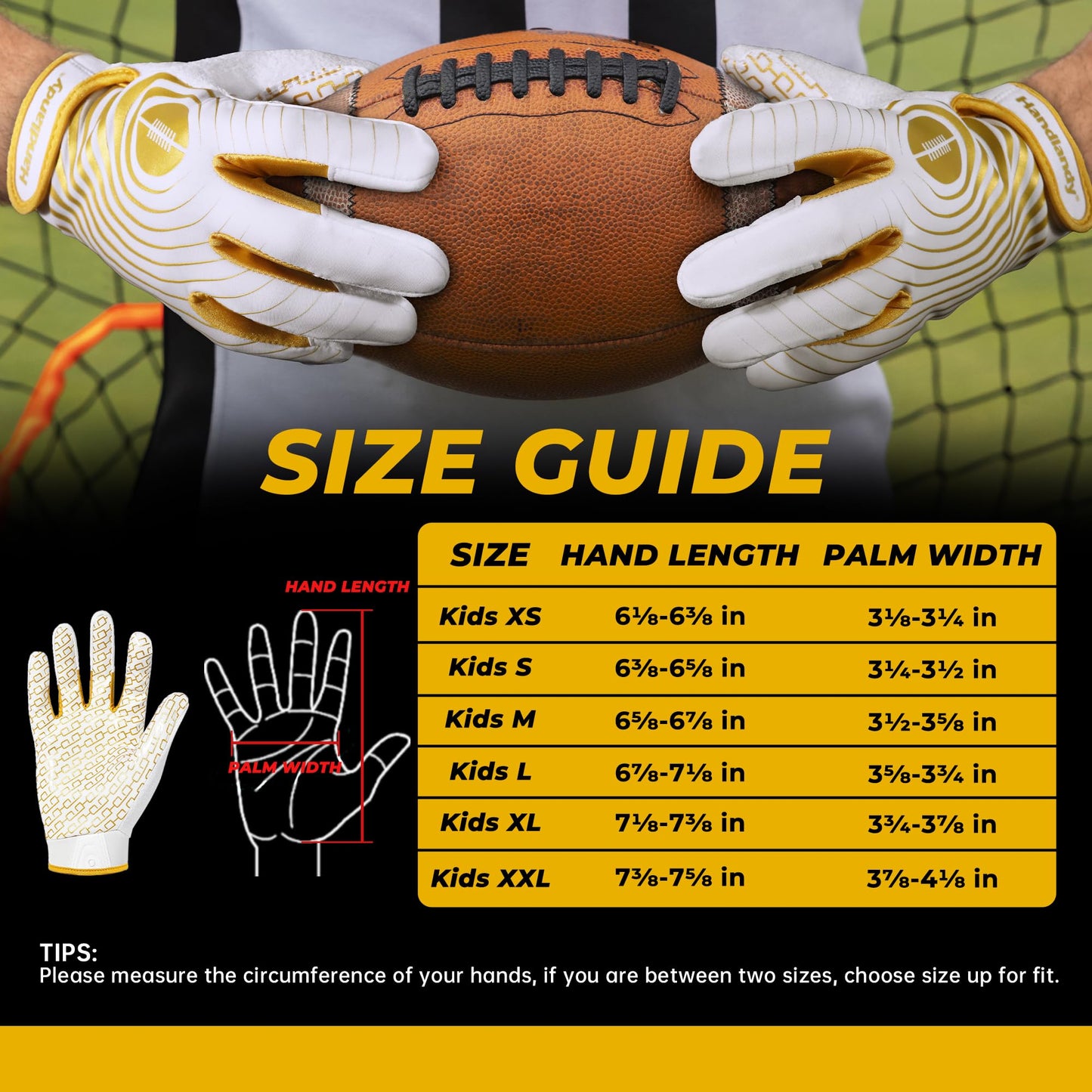 HANDLANDY Youth Football Gloves, Sticky Wide Receiver Gloves for Kids, White and Gold Stretch Fit Football Glove (White and Gold, Medium)