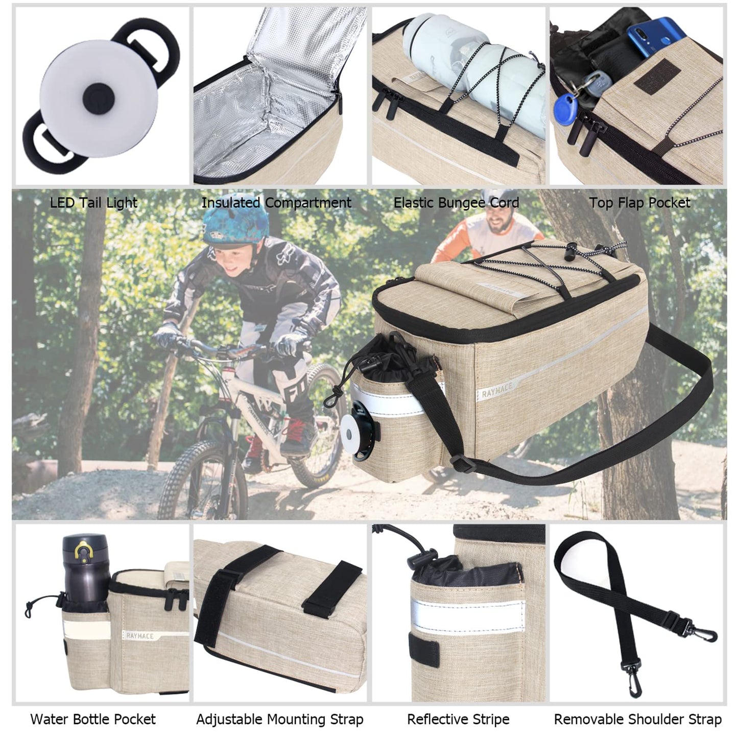 RAYMACE Bike Rear Rack Bag with Tail Light, Bike Truck Cooler Bag for Warm or Cold Items