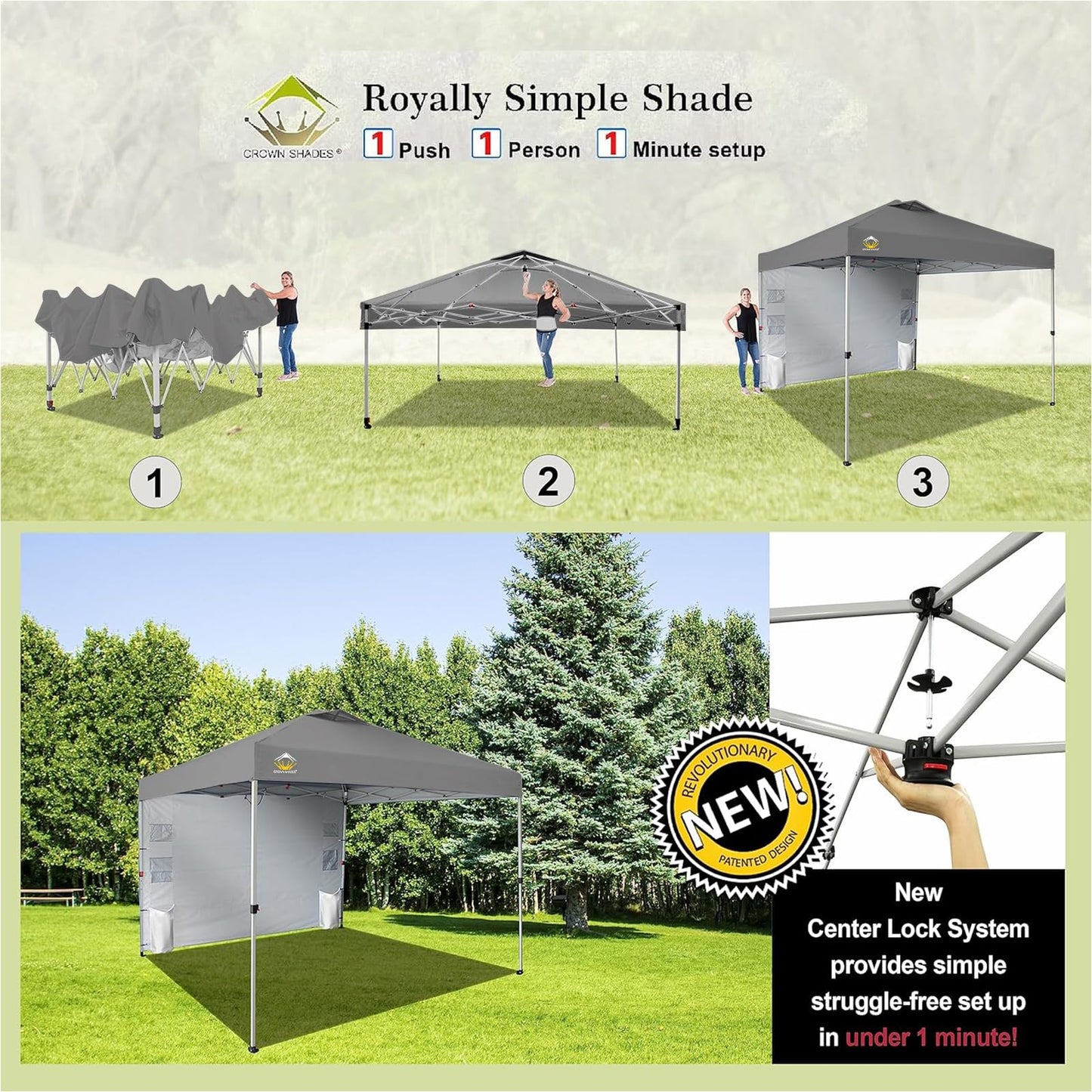 CROWN SHADES Canopy Tent 10x10 Pop Up Canopy Outdoor Shade with Pockets Sidewall, Easy Up Sun Shelter with One Person Set Up Center Lock, Portable Instant Camping Beach Canopy Tents, Forest Green