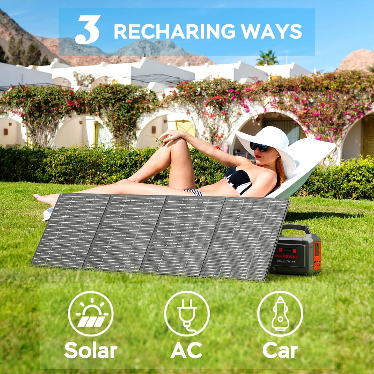MARBERO Solar Generator 167Wh Camping Portable Power Station 200W Peak with Foldable Solar Panels 30W with AC Outlet 110V Multi-Port LED Flashlights for CPAP Home Camping Hurricane Emergency