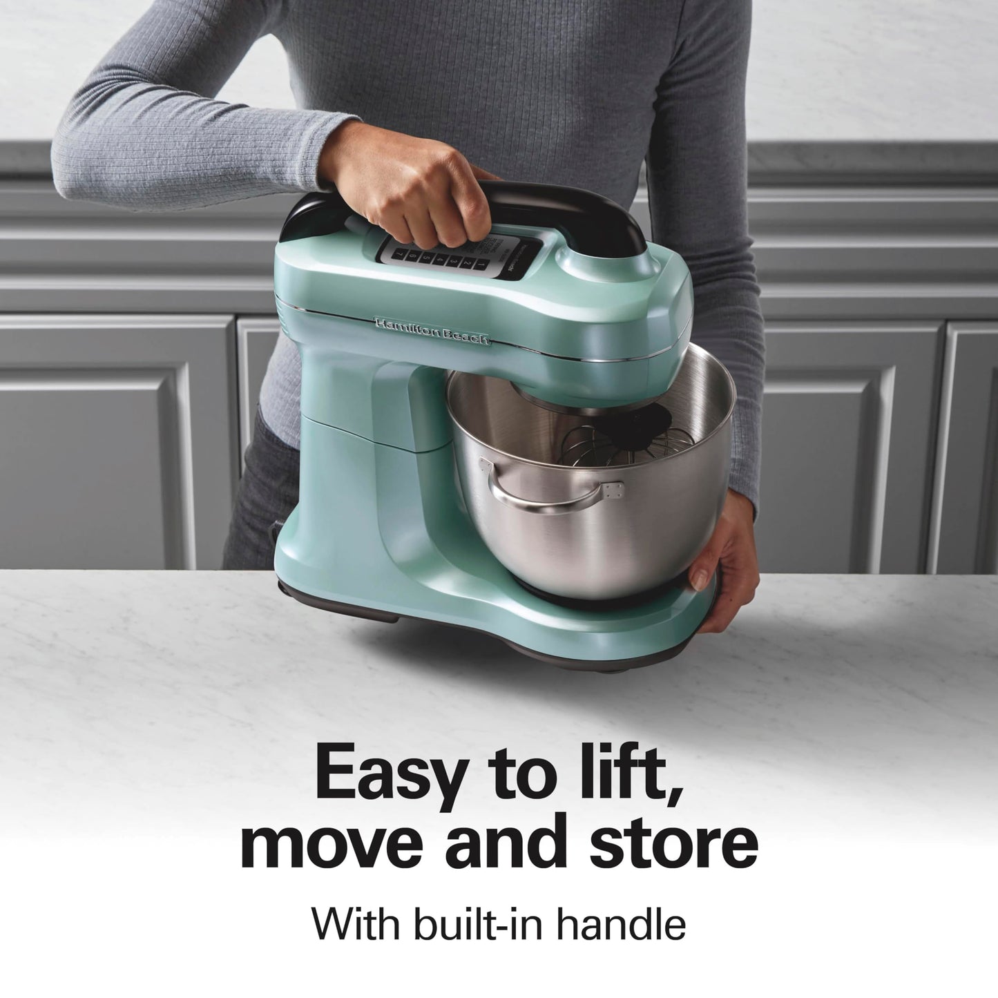 Hamilton Beach Electric Stand Mixer, 4 Quarts, Dough Hook, Flat Beater Attachments, Splash Guard, 7 Speeds with Whisk, Easy-Carry Top Handle, Blue