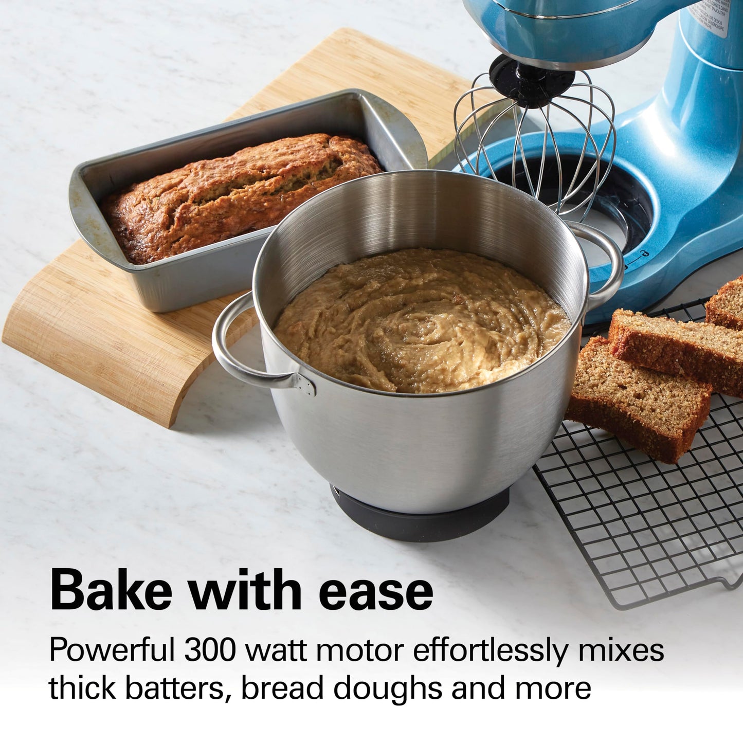 Hamilton Beach Electric Stand Mixer, 4 Quarts, Dough Hook, Flat Beater Attachments, Splash Guard, 7 Speeds with Whisk, Easy-Carry Top Handle, Blue