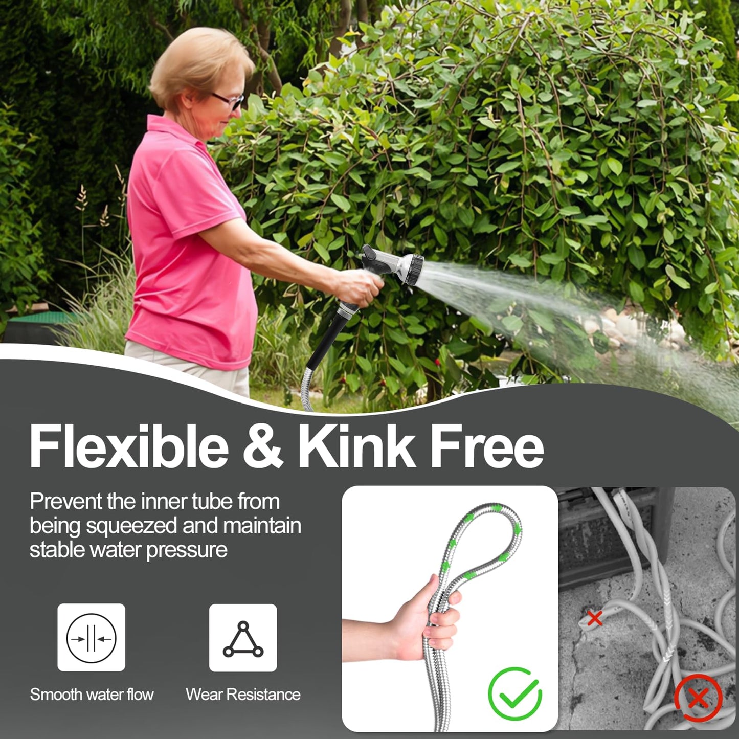 50ft 304 Stainless Steel Garden Hose Metal, Heavy Duty Water Pipe with Nozzles for Yard, Outdoor - Flexible, Never Kink & Tangle, Puncture Resistant (Sliver)