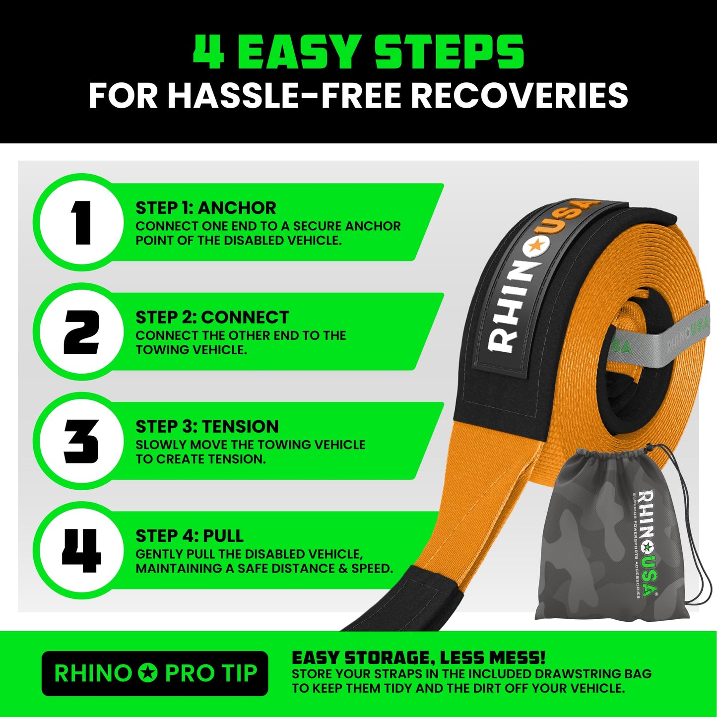 Rhino USA Recovery Tow Strap (3" x 20') - 31,518lb Break Strength - Emergency Recovery Strap Tow Rope for Truck, UTV, ATV & More - Heavy Duty Towing Strap for Offroad 4x4 Use - Compatible with Jeep