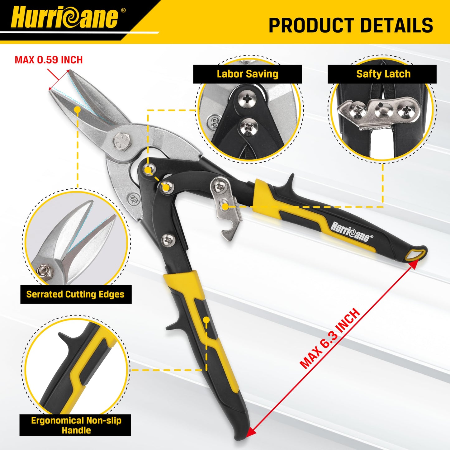 HURRICANE 3 pc Aviation Tin Snips Set, Metal Cutter Shear for Cut Sheet Metal, Chrome Vanadium Steel, Straight Left and Right, Ergonomical TyreGrip Handle with Hang Hole and Safety Latch