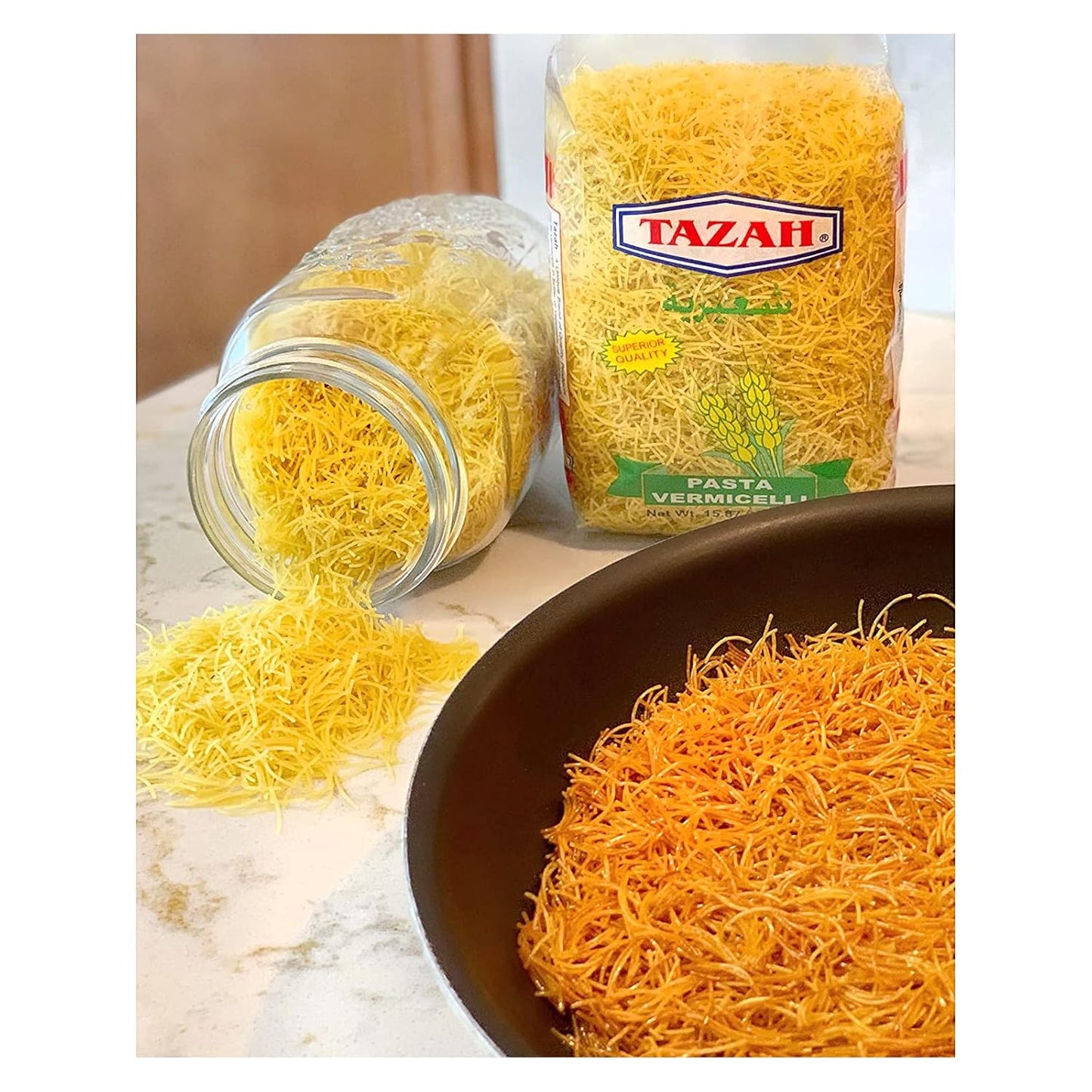 Tazah Vermicelli Noodles 15.87oz (450g) - Delicious, Nutritious, Quick-Cooking, Versatile Pasta - Ideal for Soups, Salads, Stir-Fry Dishes - Authentic Mediterranean Cuisine - Product of UAE