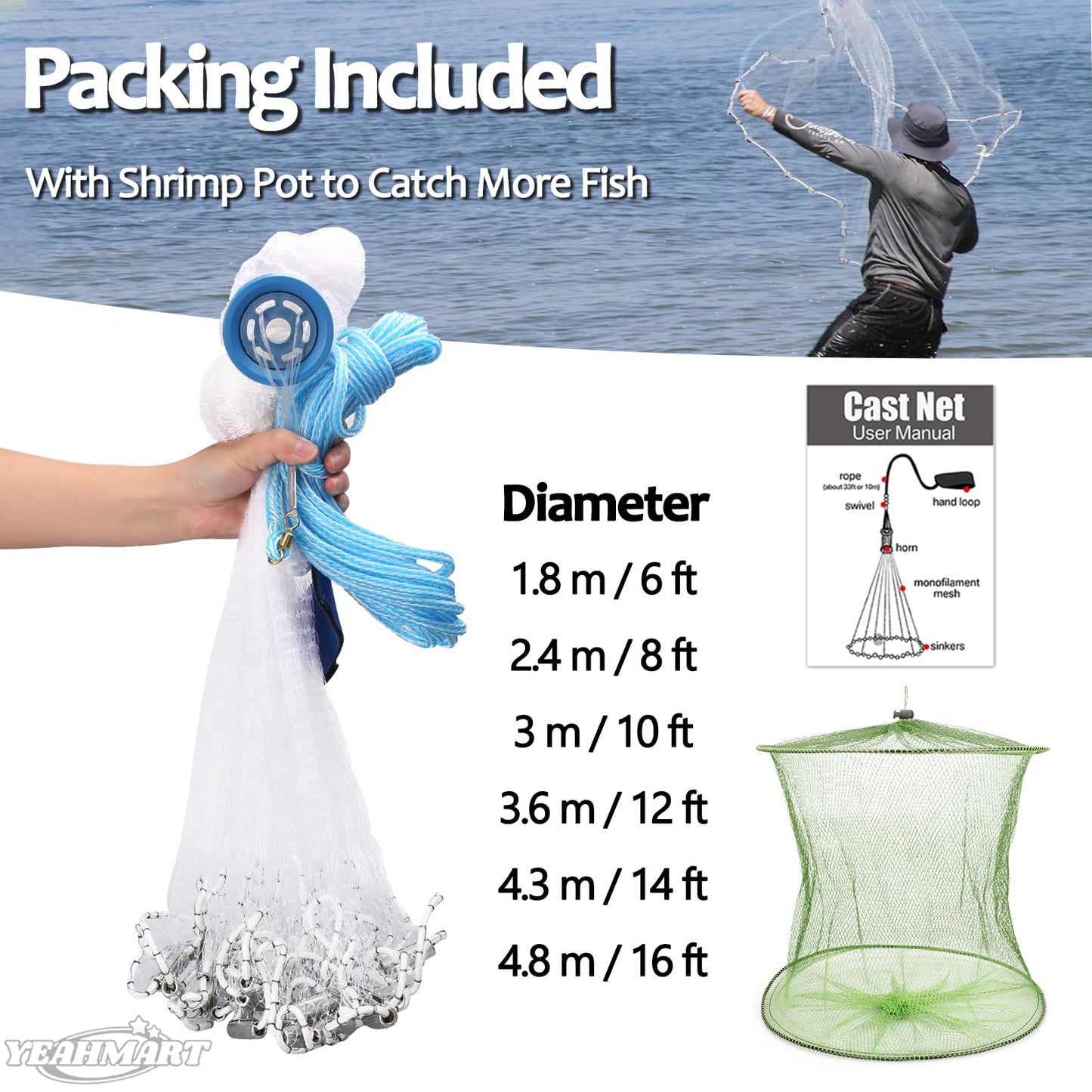 Yeahmart American Saltwater Fishing Cast Net for Bait Trap Fish 3ft/4ft/5ft/6ft/7ft/8ft/9ft/10ft Radius Casting Nets with Heavy Duty Real Zinc Sinker Weights, 3/8inch Mesh Size