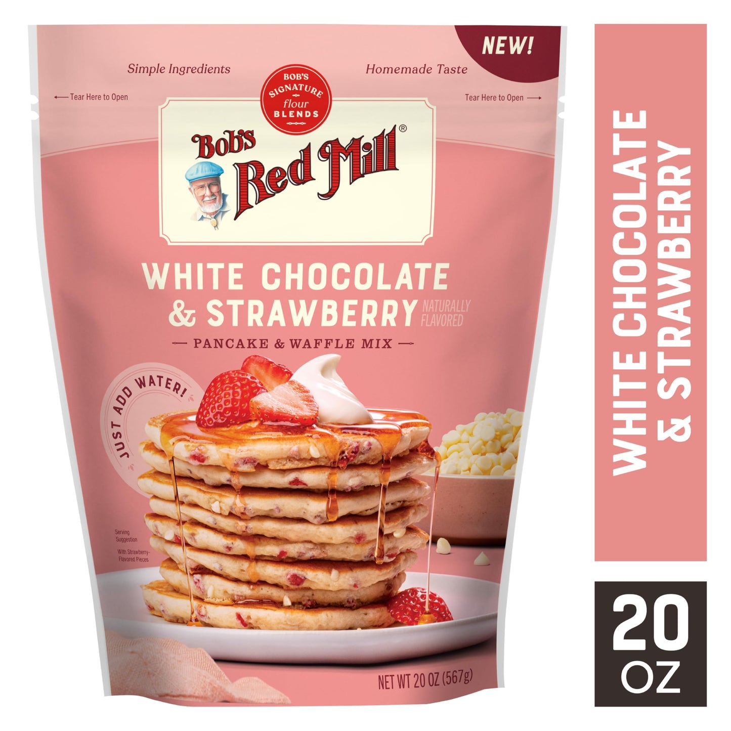 Bob's Red Mill White Chocolate & Strawberry Pancake Mix, 20oz (Pack of 4) - Just Add Water, Makes 32-40 Pancakes per Bag