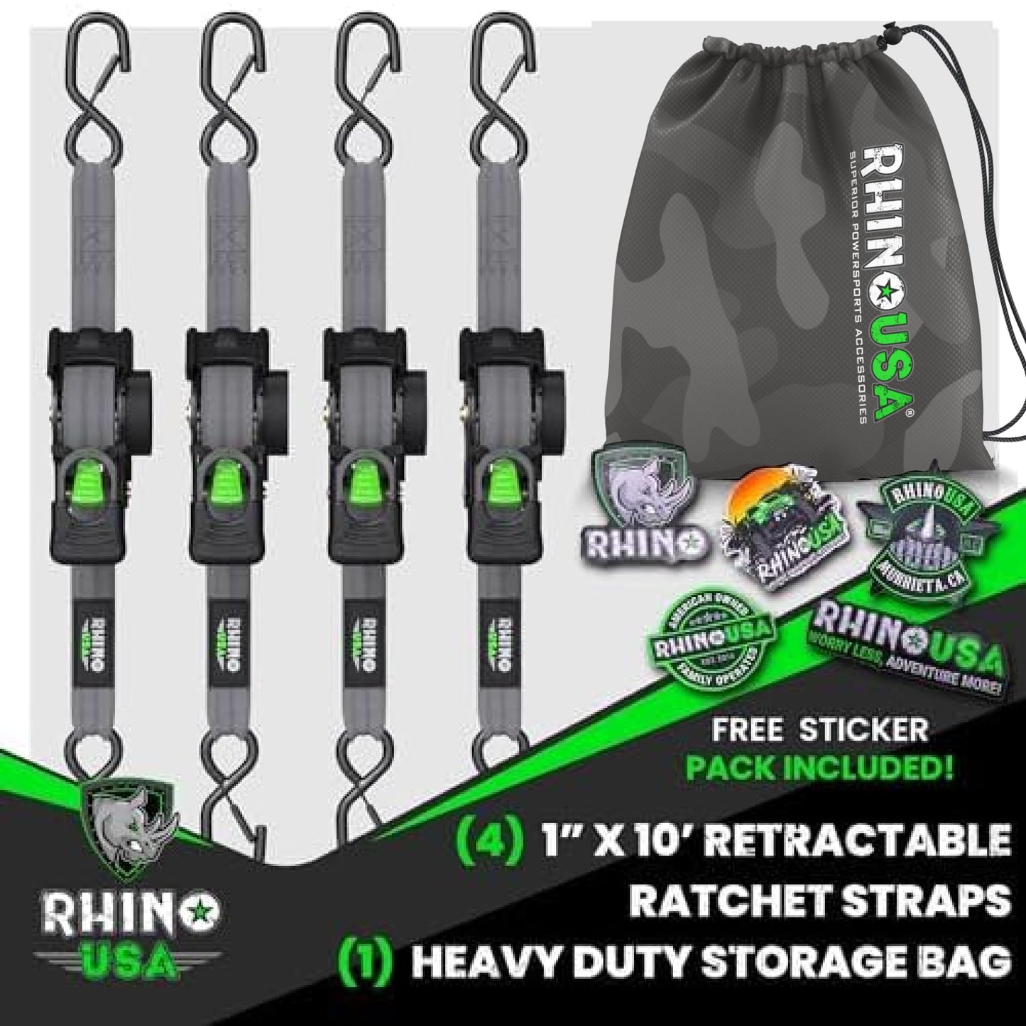 Rhino USA Retractable Ratchet Straps (4-Pack) - 1 Inch x 10 Feet (1,209lb Break Strength) - Heavy Duty Auto Self Retracting Tie Down Straps for Truck, Cargo Trailer, Motorcycle, Rad & More - Black