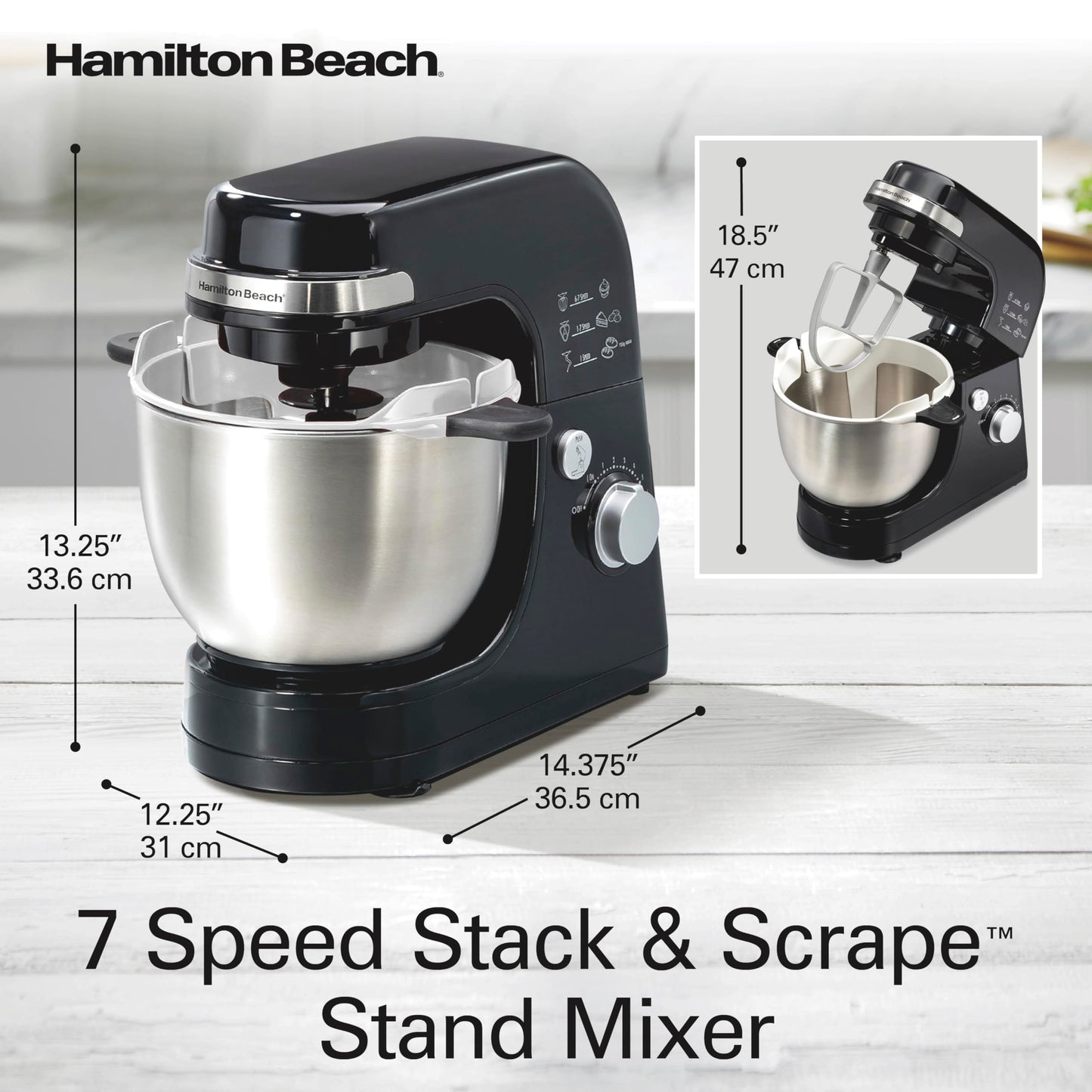 Hamilton Beach Electric Stand Mixer, 4 Quarts, Dough Hook, Flat Beater Attachments, Splash Guard 7 Speeds with Whisk, Black