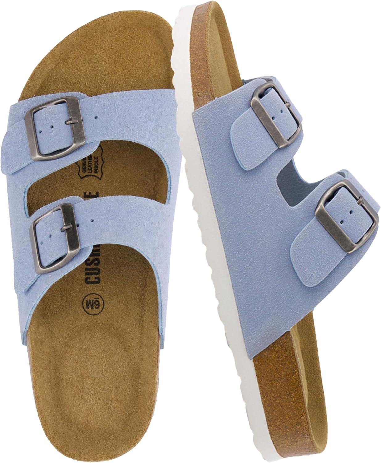 CUSHIONAIRE Lane Cork Footbed Sandals for Women – Comfortable Double Buckle Slip-On with Genuine Suede Footbed & Arch Support Slides for Women Footwear