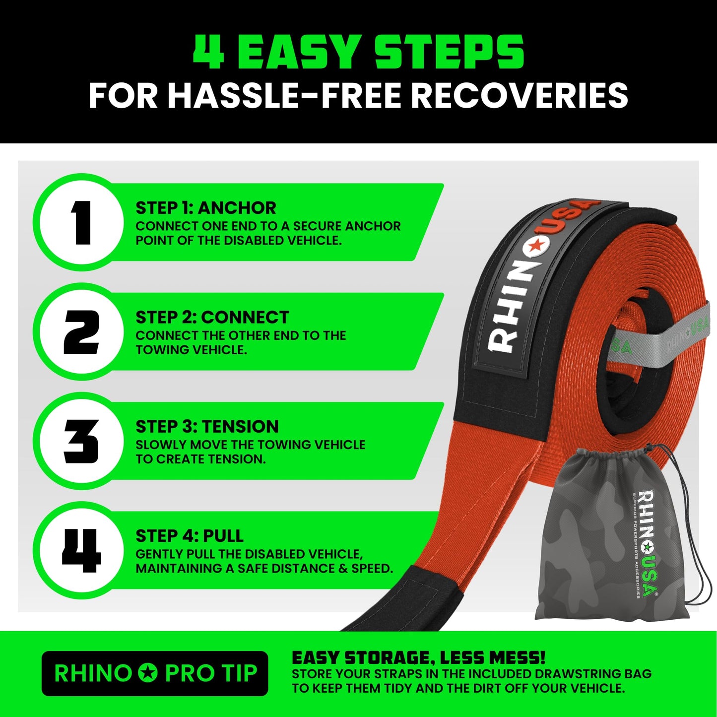 Rhino USA Recovery Tow Strap (3" x 20') - 31,518lb Break Strength - Emergency Recovery Strap Tow Rope for Truck, UTV, ATV & More - Heavy Duty Towing Strap for Offroad 4x4 Use - Compatible with Jeep