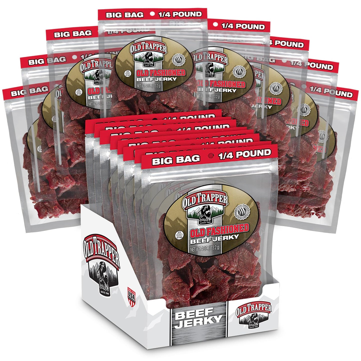 Old Trapper Beef Jerky, Old-Fashioned 10-Ounce Bag, Tender Meat Snacks for Lunches or Between Meals, 11 Grams of Protein, Zero Grams of Fat, and 70 Calories per Ounce (Pack of One)