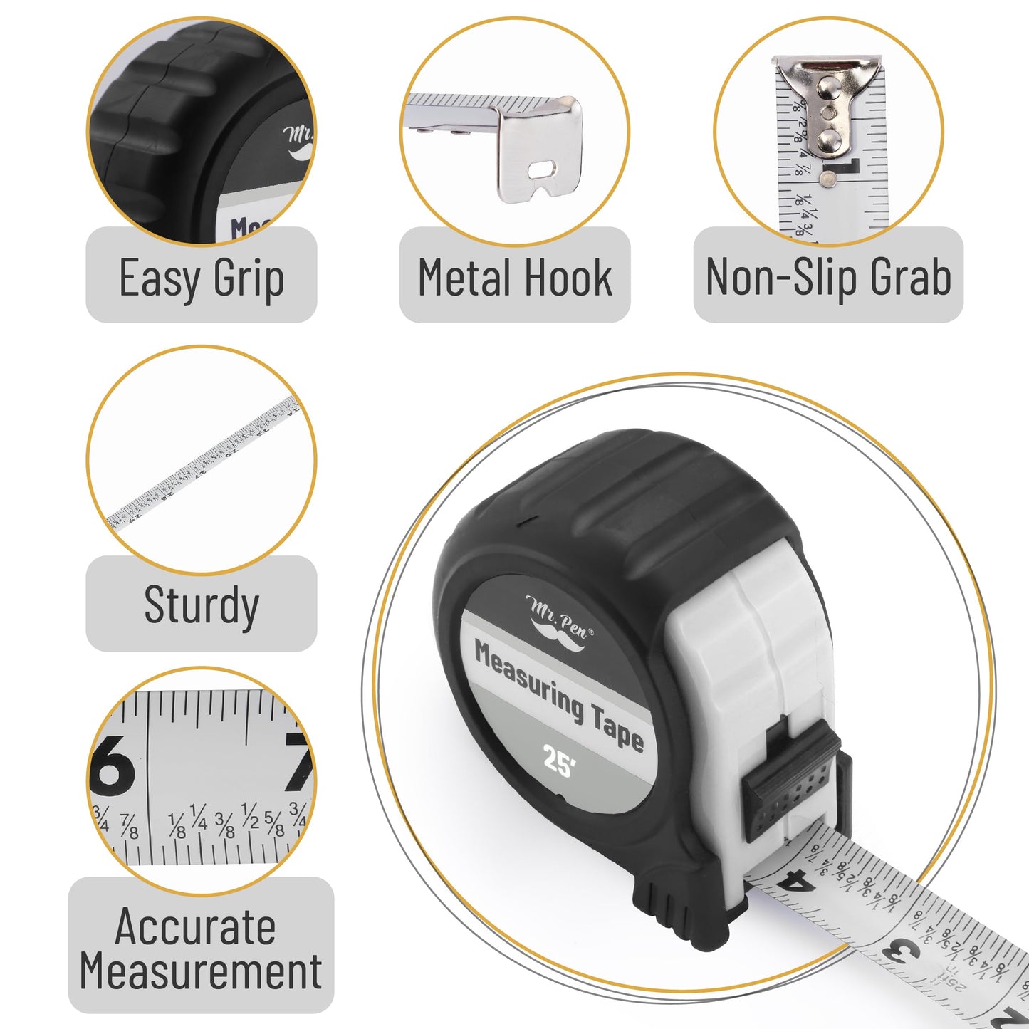 Mr. Pen 25-Foot Steel Retractable Tape Measure with Easy Read Fractions