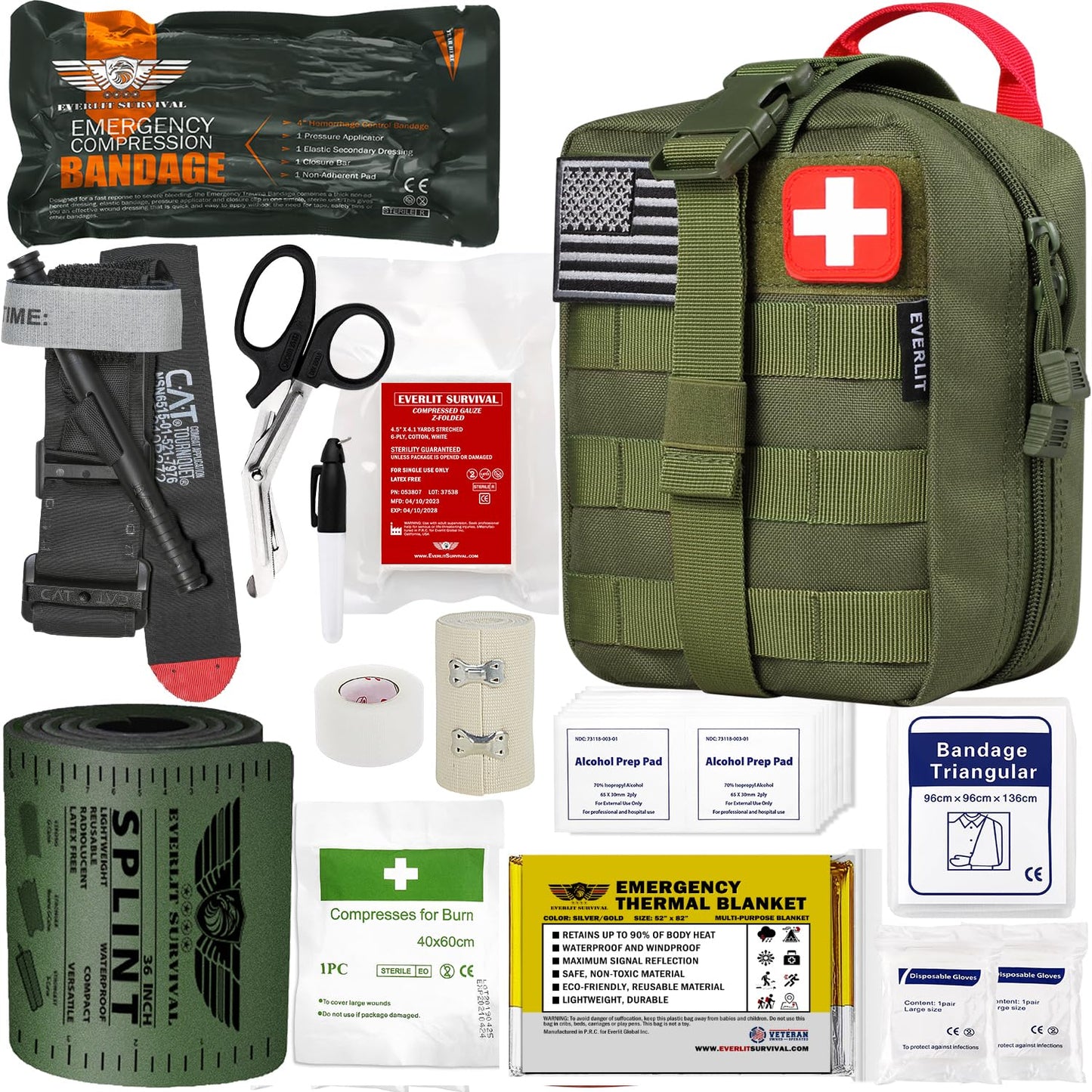 EVERLIT Emergency Trauma Kit, CAT GEN-7 Tourniquet 36" Splint, Military Combat Tactical IFAK for First Aid Response, Critical Wounds, Severe Bleeding Control (Black)