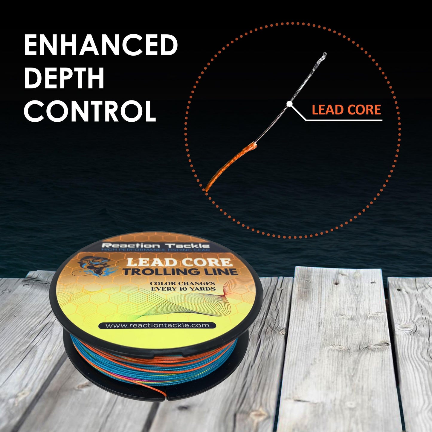 Reaction Tackle Lead Core Trolling Line - 12lb, 18lb, 27lb and 36lb Leadcore - Braided Fishing Line for Trolling, Fast Sinking Line, Color Changes Every 10 Yards