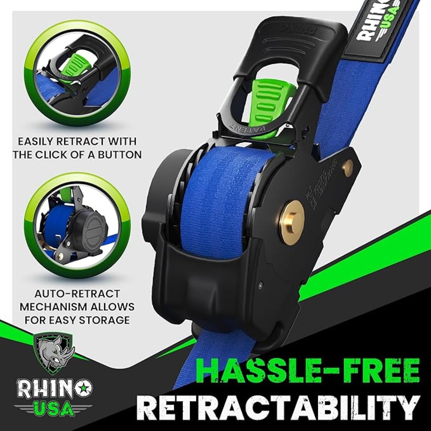Rhino USA Retractable Ratchet Straps (4-Pack) - 1 Inch x 10 Feet (1,209lb Break Strength) - Heavy Duty Auto Self Retracting Tie Down Straps for Truck, Cargo Trailer, Motorcycle, Rad & More - Black