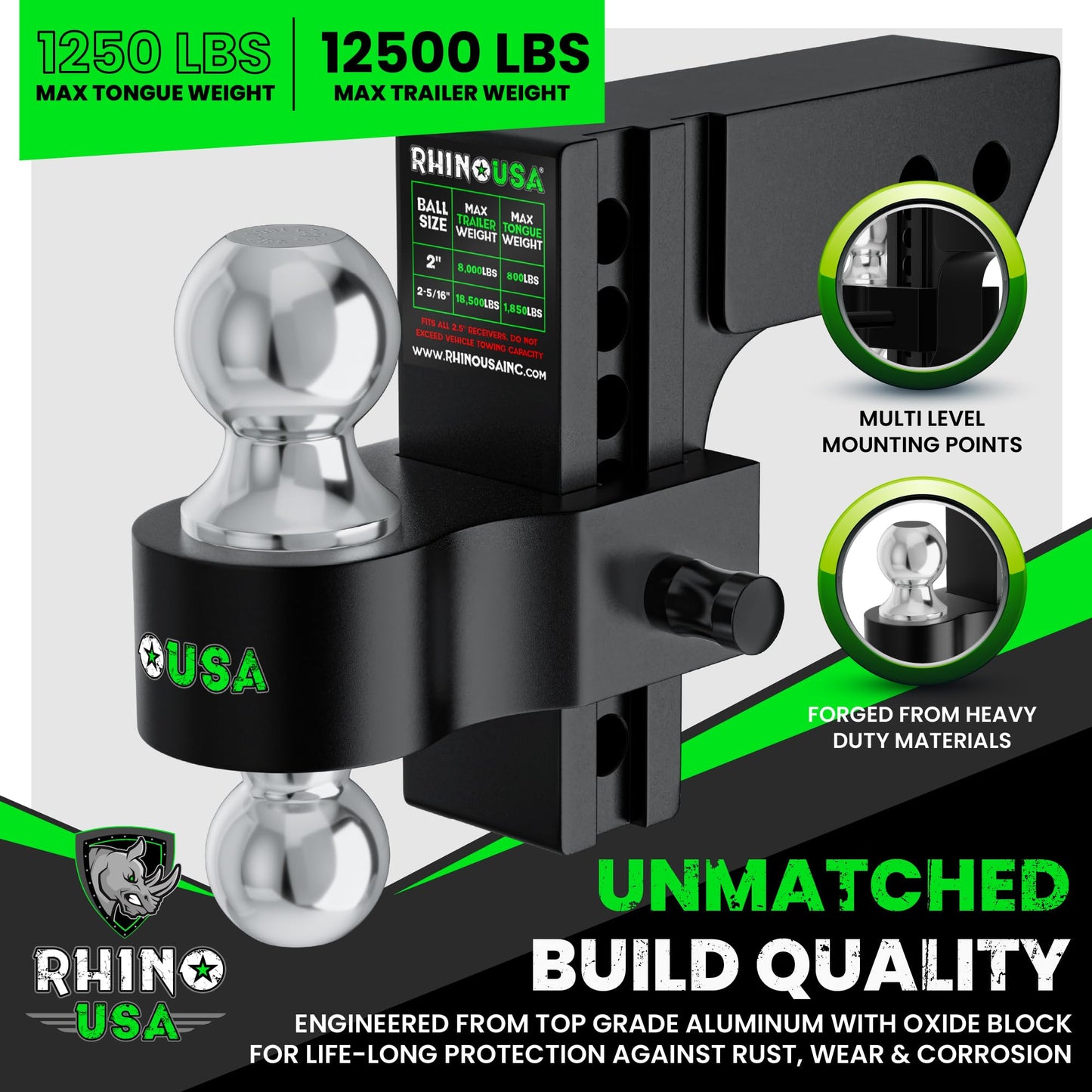 Rhino USA Adjustable Trailer Hitch (Fits 2-Inch Receiver) - Heavy Duty Aluminum Tow Hitches with 6-Inch Drop/Rise for Truck (12,500 LBS GTW) - Weatherproof Double Anti-Theft Locking Hitch Pins (Black)