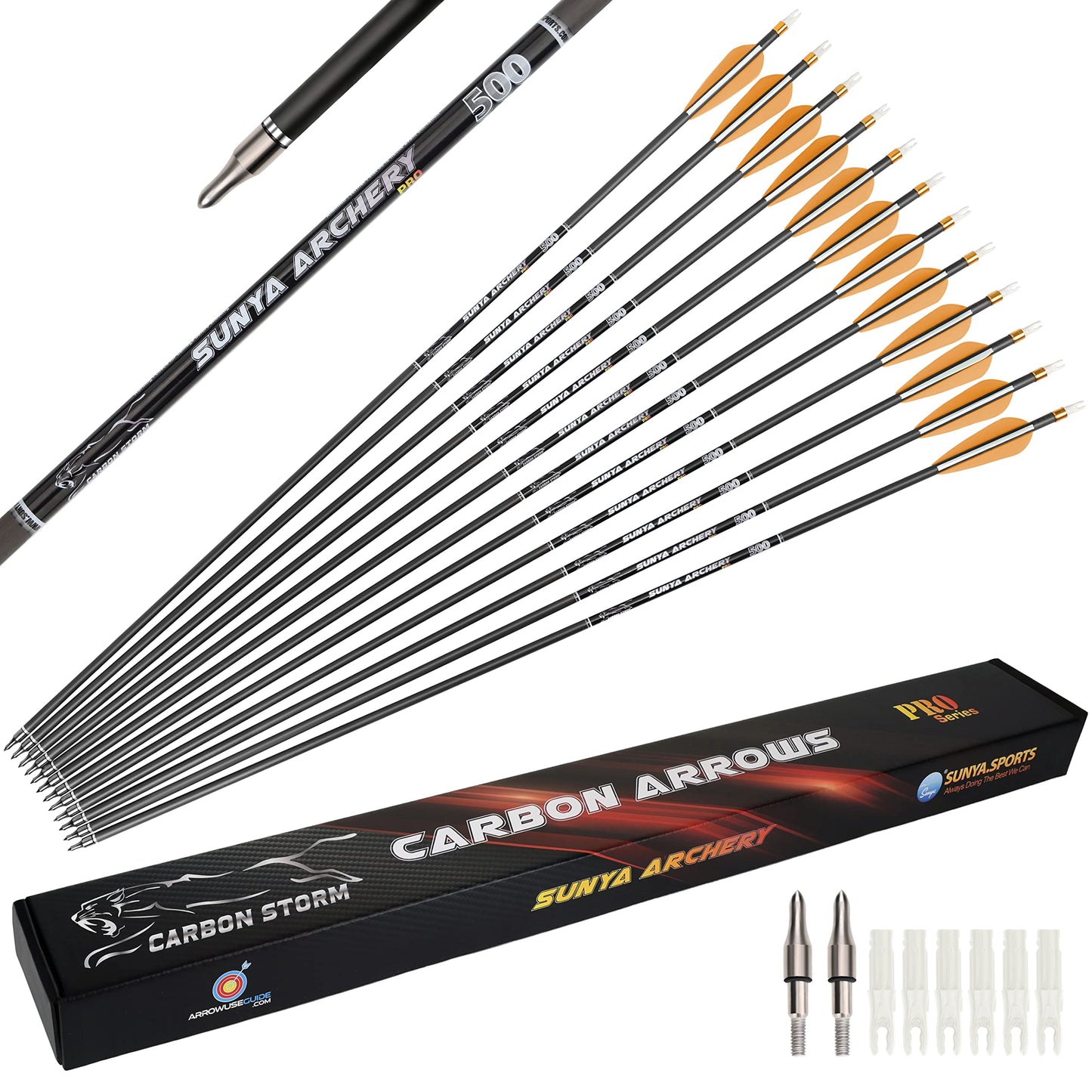SUNYA Archery Compound Bow Arrows 12pcs Set. 30" Carbon Shaft, Spine 400 or 500 with Removable Tips