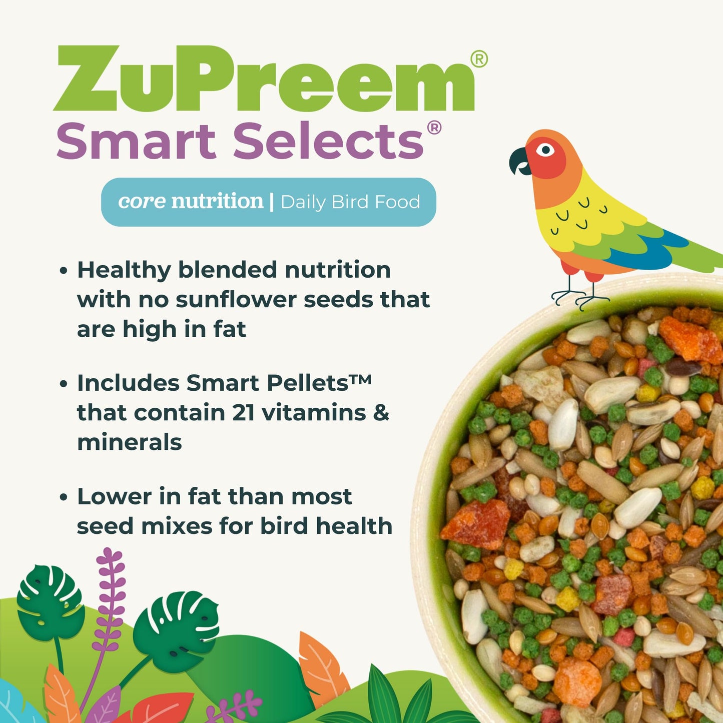 ZuPreem Sensible Seed Bird Food, Cockatiel, Lovebird, Quaker, Small Conure, Seed and Pellet Blend for Medium Birds, Food Mixer Topper, Enriching Variety, Made in the USA, (M, 2 lbs)