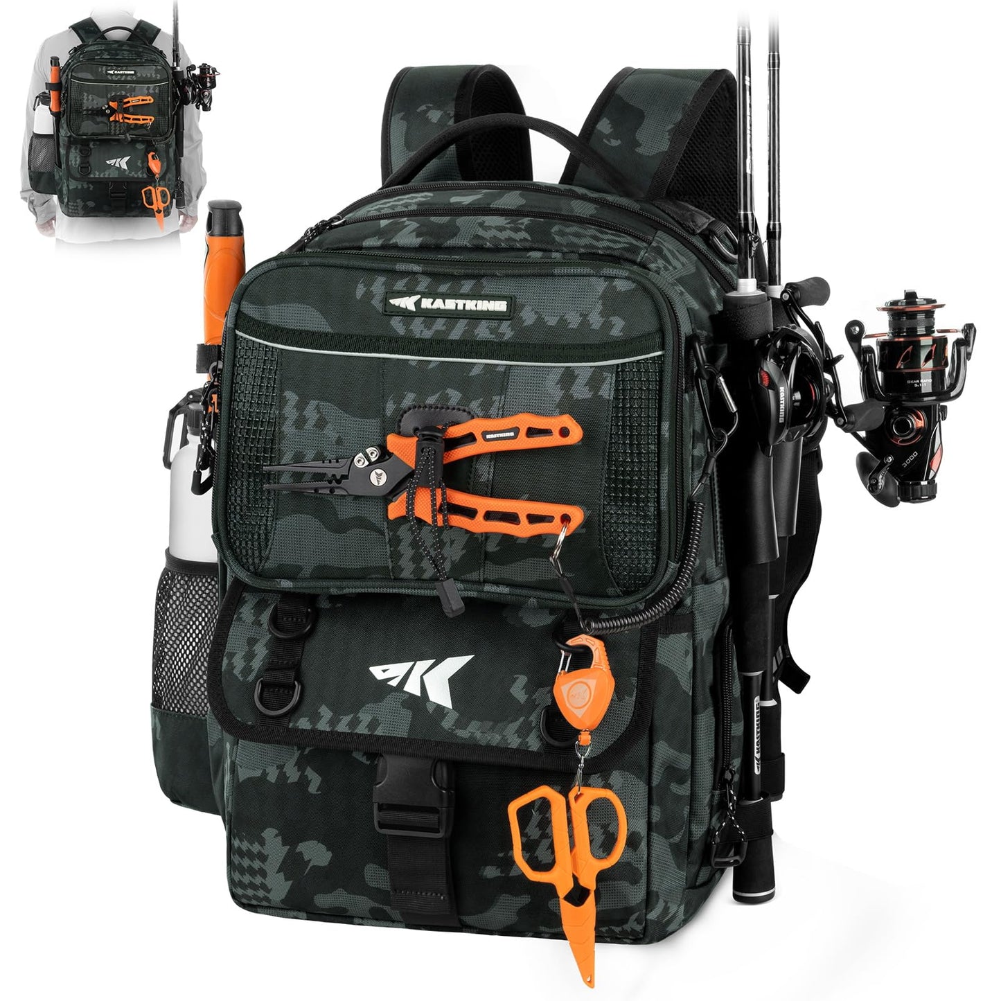 KastKing BaitSpace 50L Fishing Tackle Backpack with Removable Bait Binder & 4 Tackle Boxes, Rod Holders Storage Fishing Gear
