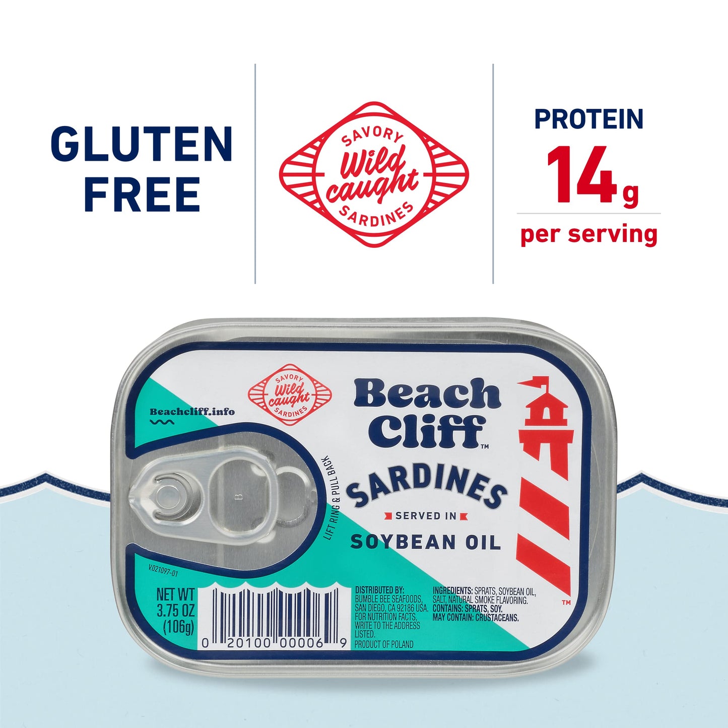 Beach Cliff Sardines in Water, 3.75 oz Can (Pack of 12) - Wild Caught Sardines - 12g Protein per Serving - Gluten Free, Keto Friendly