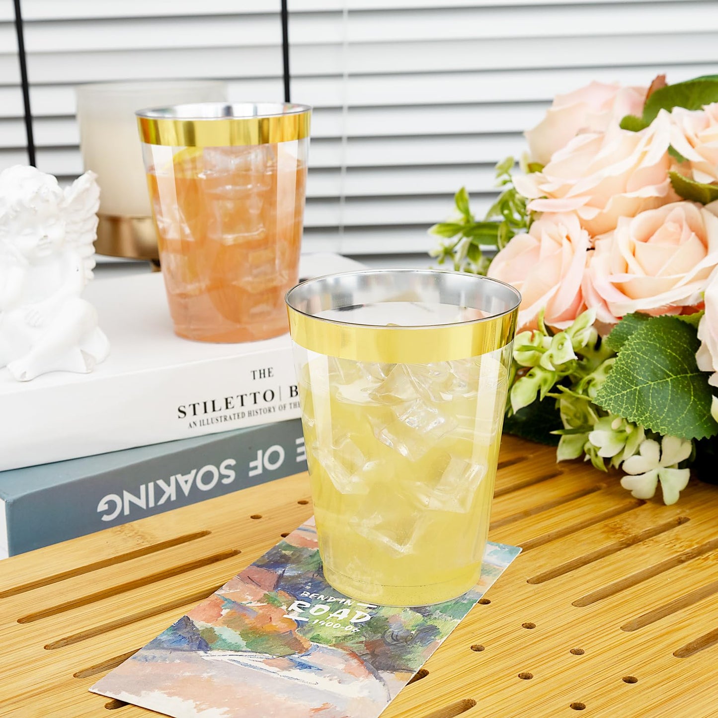 I00000 200 Pack Gold Plastic Cups, 9 Oz Elegant Clear Plastic Cups Gold Rimmed Disposable Wine Glasses Fancy Disposable Party Cups Wedding Cups Drinking Tumblers Plastic Cocktail Glasses with Gold Rim