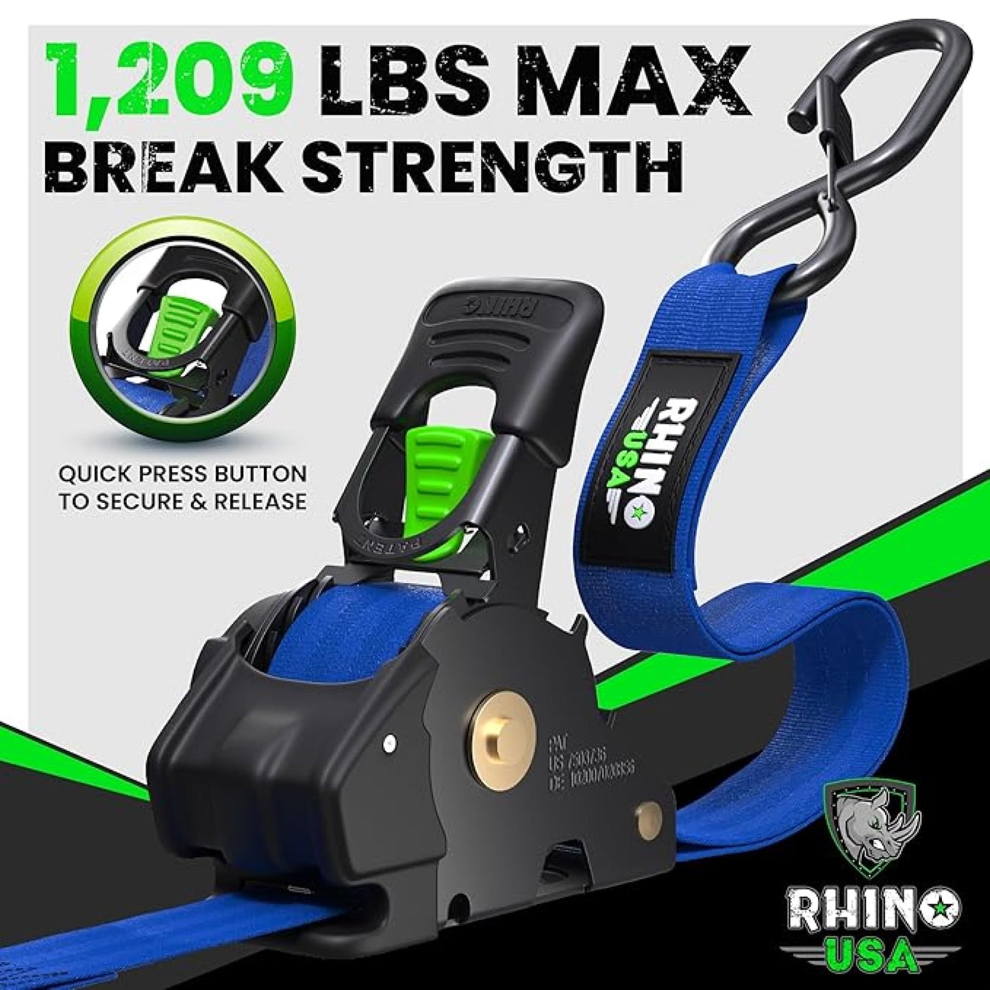 Rhino USA Retractable Ratchet Straps (4-Pack) - 1 Inch x 10 Feet (1,209lb Break Strength) - Heavy Duty Auto Self Retracting Tie Down Straps for Truck, Cargo Trailer, Motorcycle, Rad & More - Black