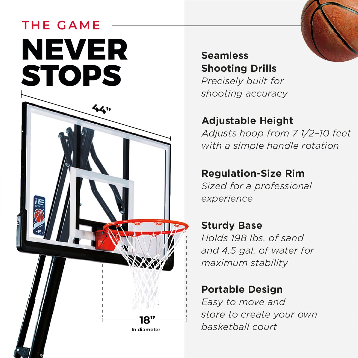 IE Sports Portable Basketball Hoop w/ 44" Backboard & Rebounder, 7.5-10 Ft Adjustable Height - Outdoor Basketball Equipment for Backyard, Driveway, and Garage