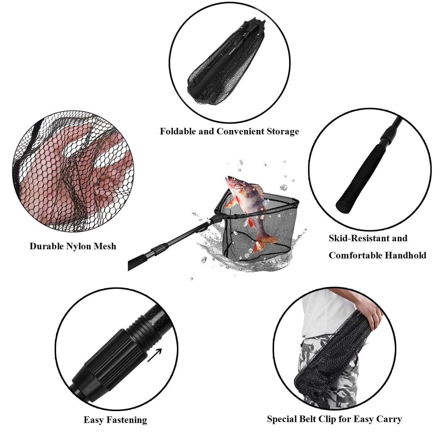 PLUSINNO Fishing Net Fish Landing Net, Foldable Collapsible Telescopic Pole Handle, Durable Nylon Material Mesh, Safe Fish Catching or Releasing