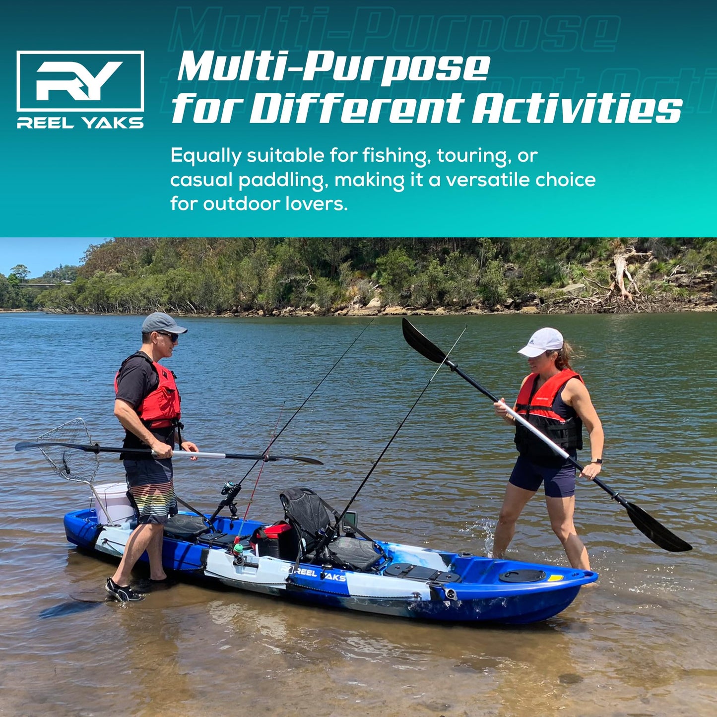 Tandem Fishing Angler Kayak – 12.5ft Sit-On-Top Kayak for 2-3 People – 550 lbs Capacity – Stable W Hull for Ocean & Lakes - Great for Family & River Adventures – Includes Trolley