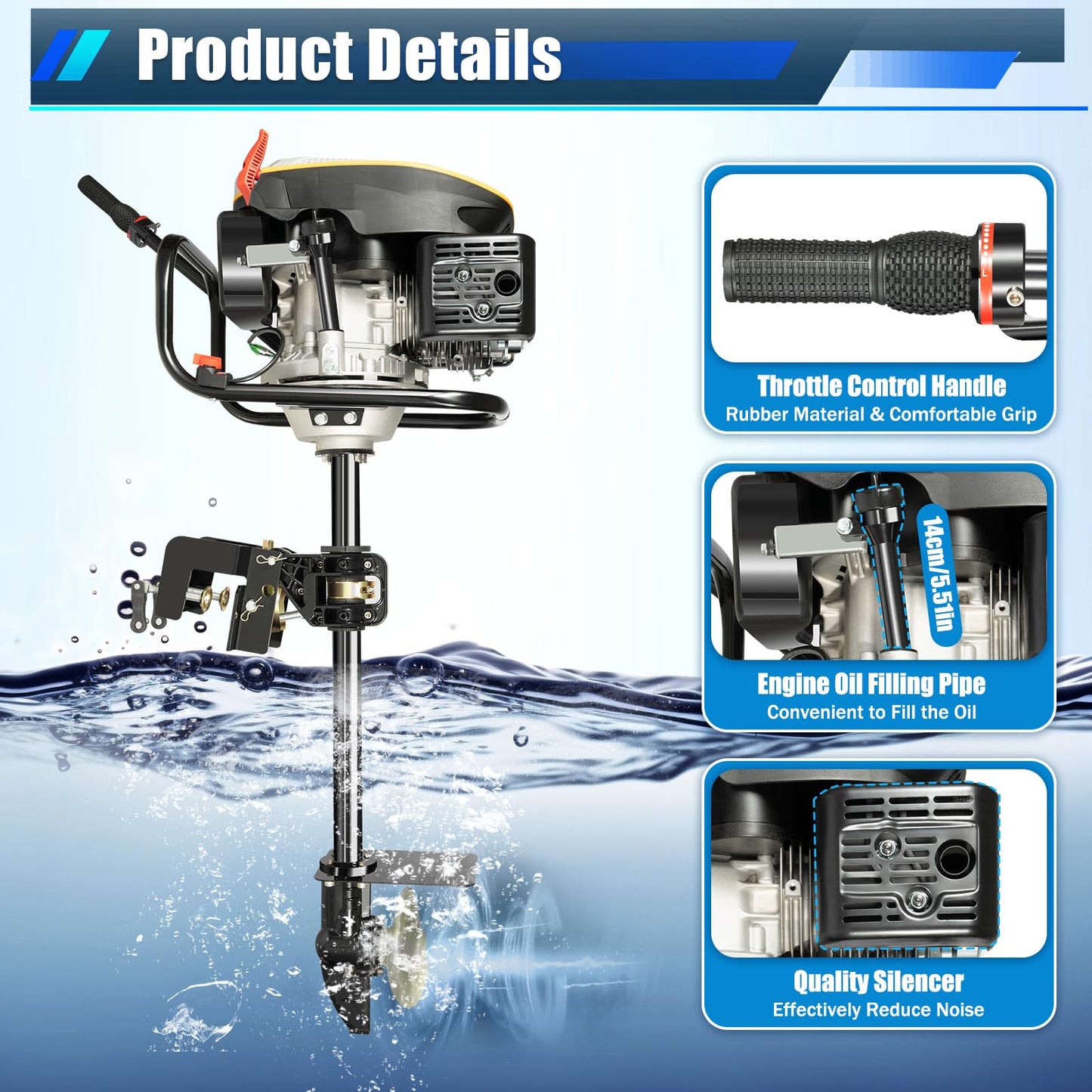 52cc Single Cylinder Gas 2.3HP Outboard Motor, Long Shaft with Air Cooling for Inflatable, Rubber, Fishing Boats, Yachts, Water Sports